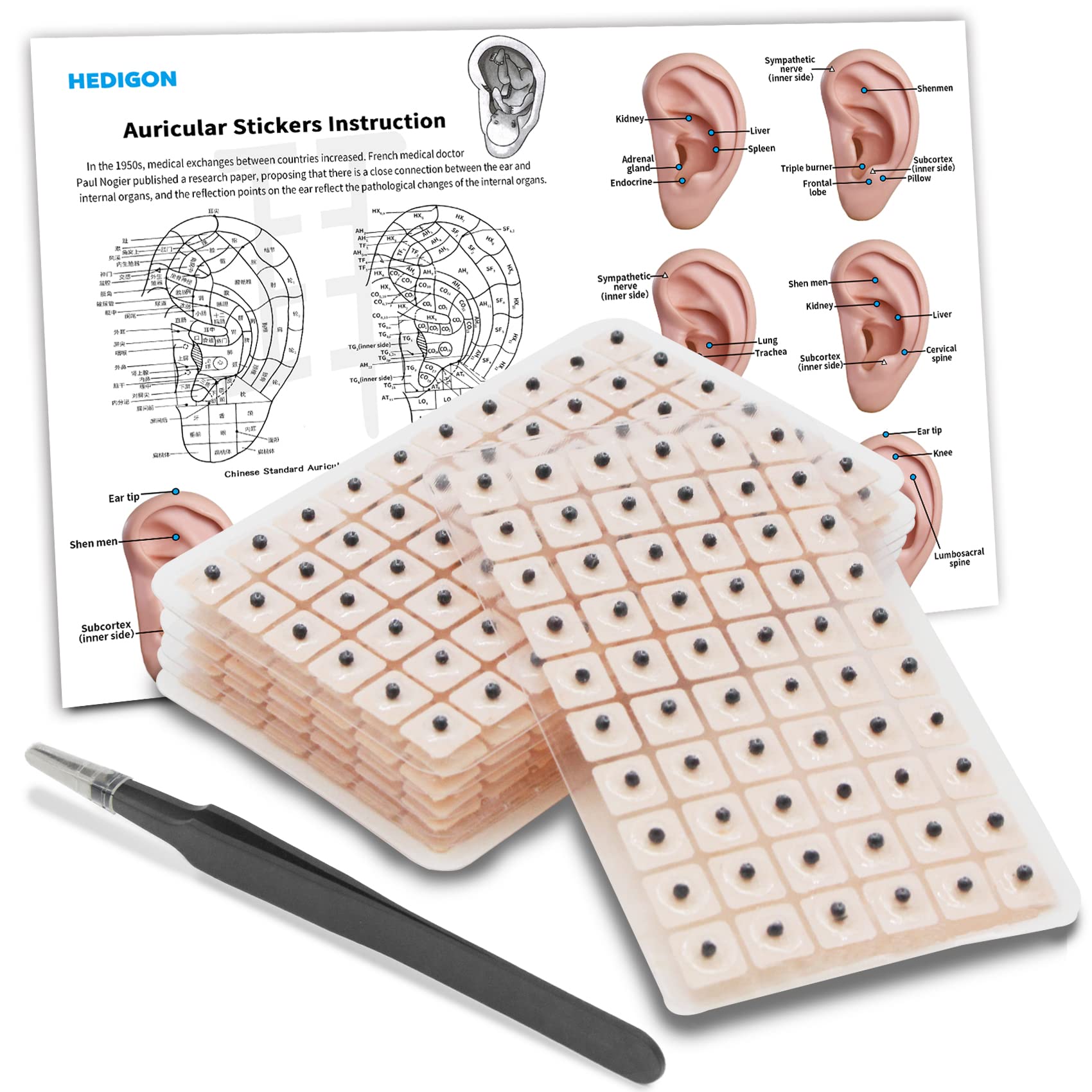Ear Seeds Auricular Sticker kit,Acupuncture Kit Acupressure with Ears Seed 420 Pcs, Ear Chart, Tweezer HedigonAu supplements