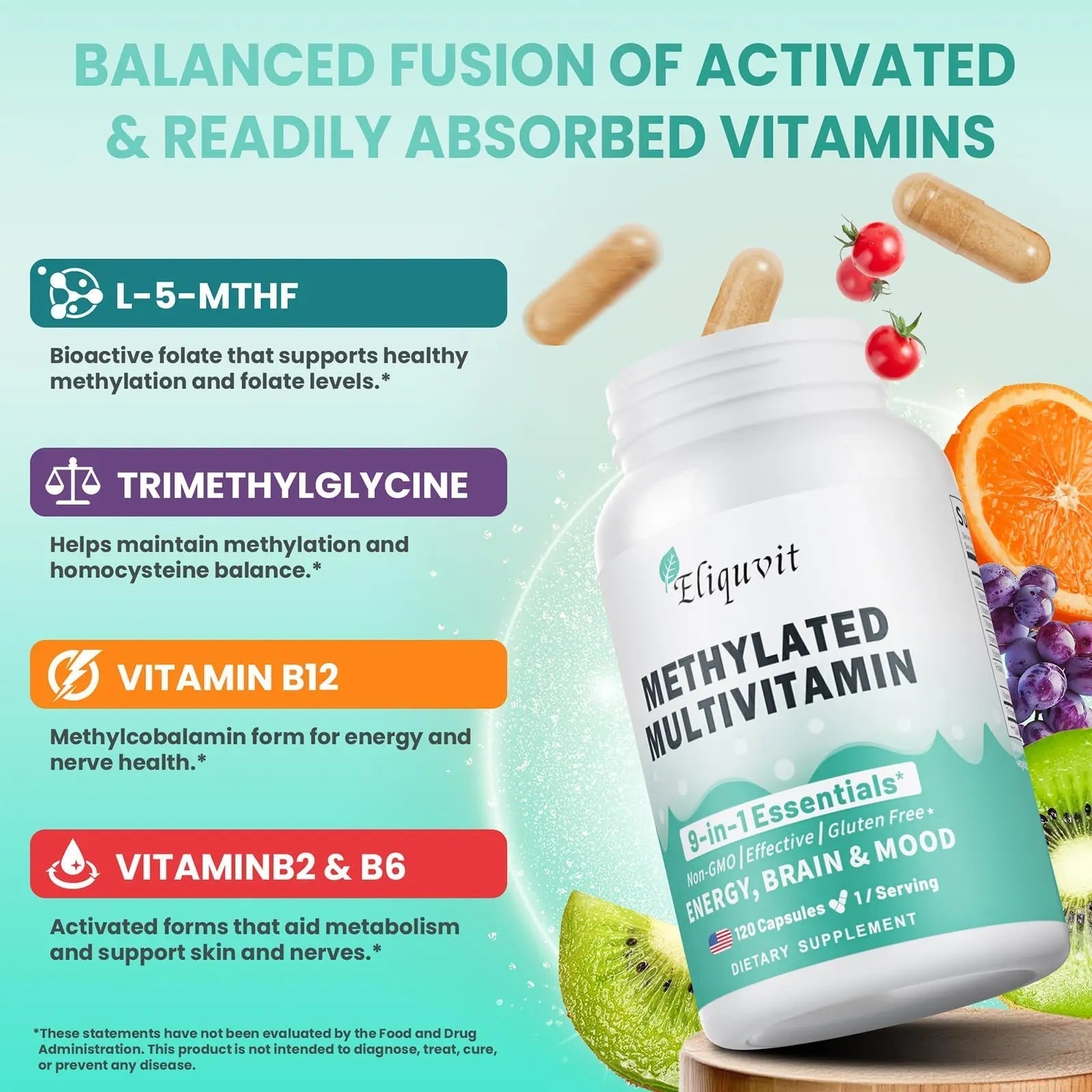 Eliquvit Methylated Multivitamin for Men & Women - Methylated B Complex with Methylfolate & B12-9-in-1 MTHFR Support + TMG - Vegan Multivitamin EliquvitAu supplements