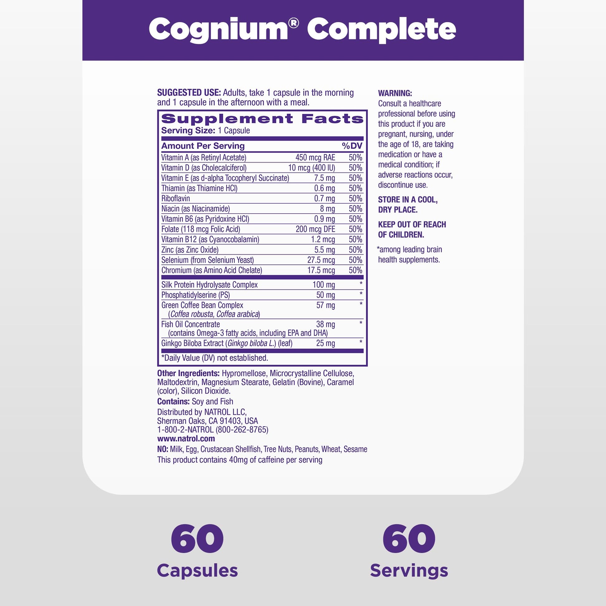 Natrol Cognium Complete, Dietary Supplement for Brain Health, Brain Health Supplements for Adults, 60 Capsules, 30 Day Supply NatrolAu supplements