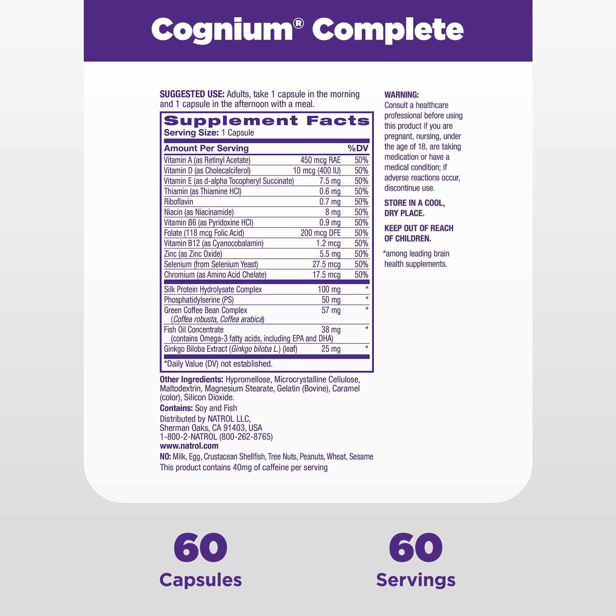 Natrol Cognium Complete, Dietary Supplement for Brain Health, Brain Health Supplements for Adults, 60 Capsules, 30 Day Supply NatrolAu supplements