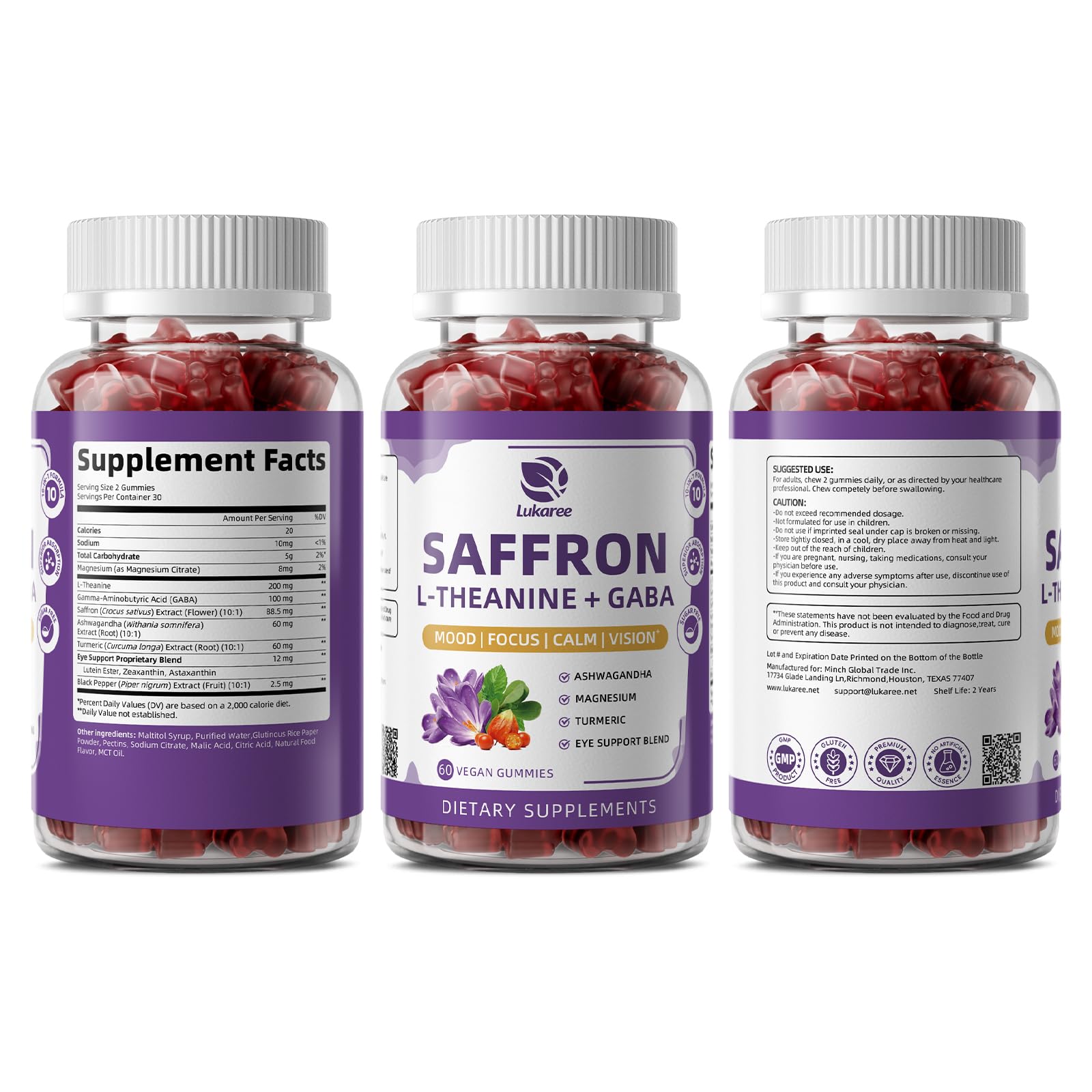 10-in-1 Saffron Supplements Gummies - Saffron Extract 88.5 mg with L-Theanine, GABA, Ashwagandha, Turmeric,Magnesium – Mood, Focus, Vision Support & Cortisol Balance, Sugar Free, Vegan, 60 Counts LukareeAu supplements