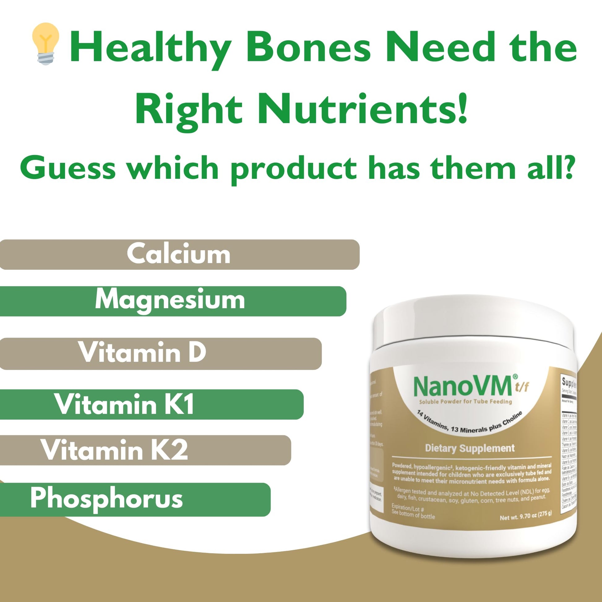 NanoVM t/f, Dietary Supplement for Tube Feeding, Allergen-Free Kids Multivitamin, Unflavored Vitamin Powder with 14 Vitamins & 13 Minerals, Low-Carb Kids Vitamins, 275g - Solace Nutrition NanoVMAu supplements