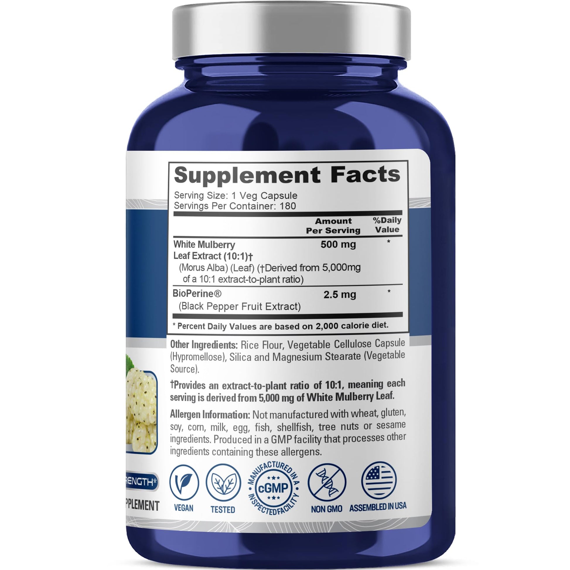 NusaPure White Mulberry Leaf Extract 10:1 Extract, 500 mg Equivalent to 5000mg 180 Veg Caps (Vegan, Non GMO Bioperine) NusaPureAu supplements