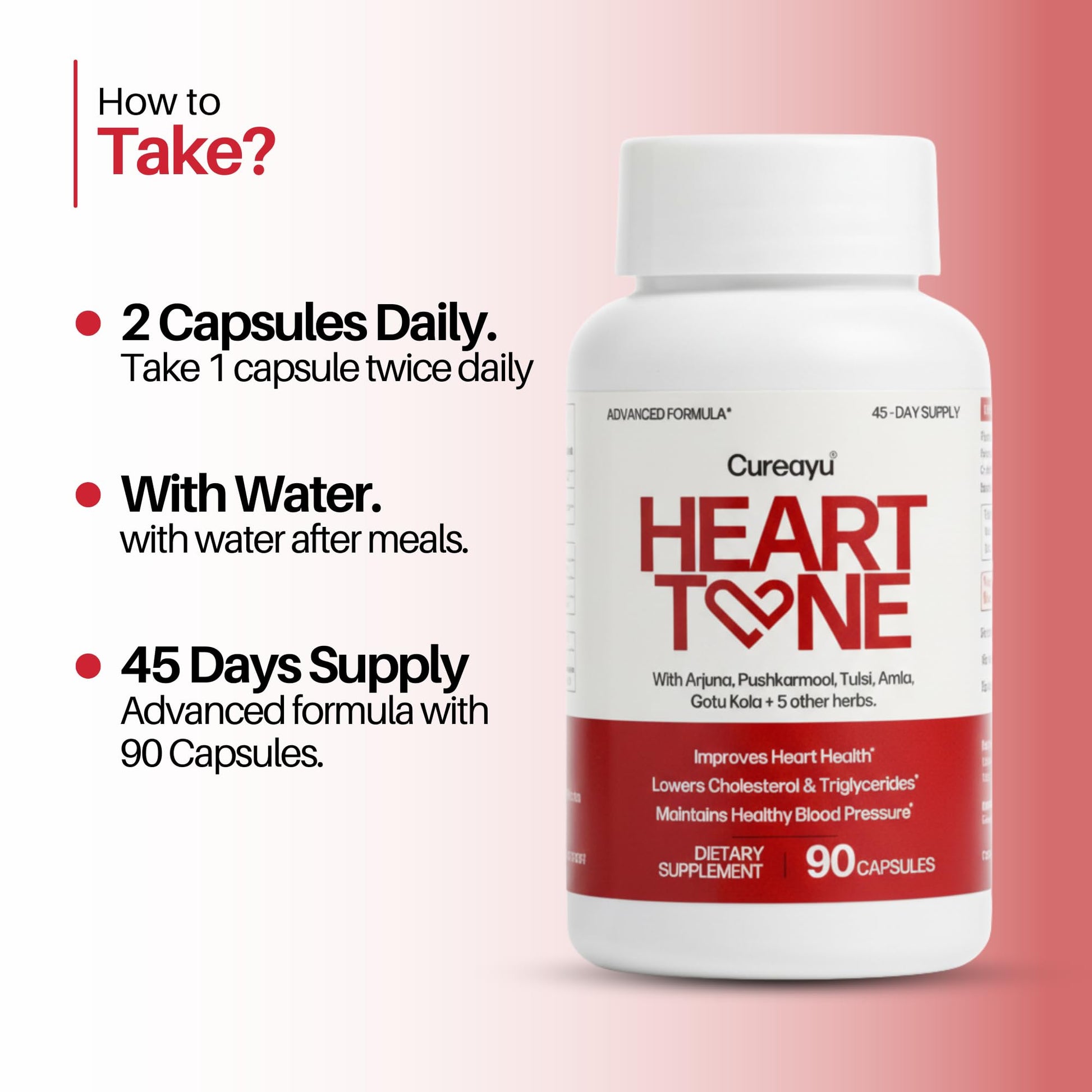 Cureayu Heart Tone Capsules | Natural Heart Health Supplement | Supports Healthy Cholesterol & Triglycerides Levels | with Arjuna, Pushkarmool + 8 Other Herbs | 90 Capsules CureayuAu supplements