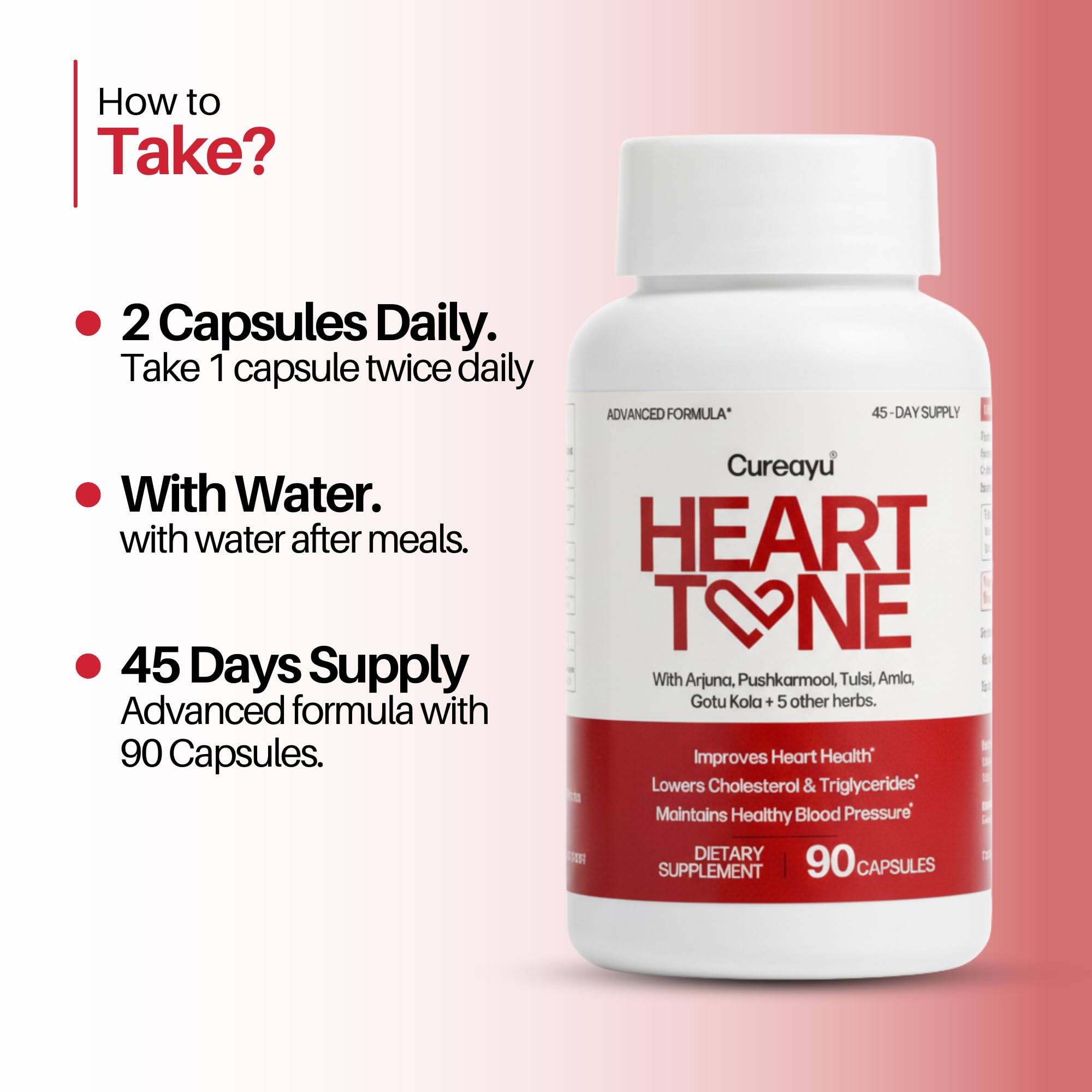 Cureayu Heart Tone Capsules | Natural Heart Health Supplement | Supports Healthy Cholesterol & Triglycerides Levels | with Arjuna, Pushkarmool + 8 Other Herbs | 90 Capsules CureayuAu supplements