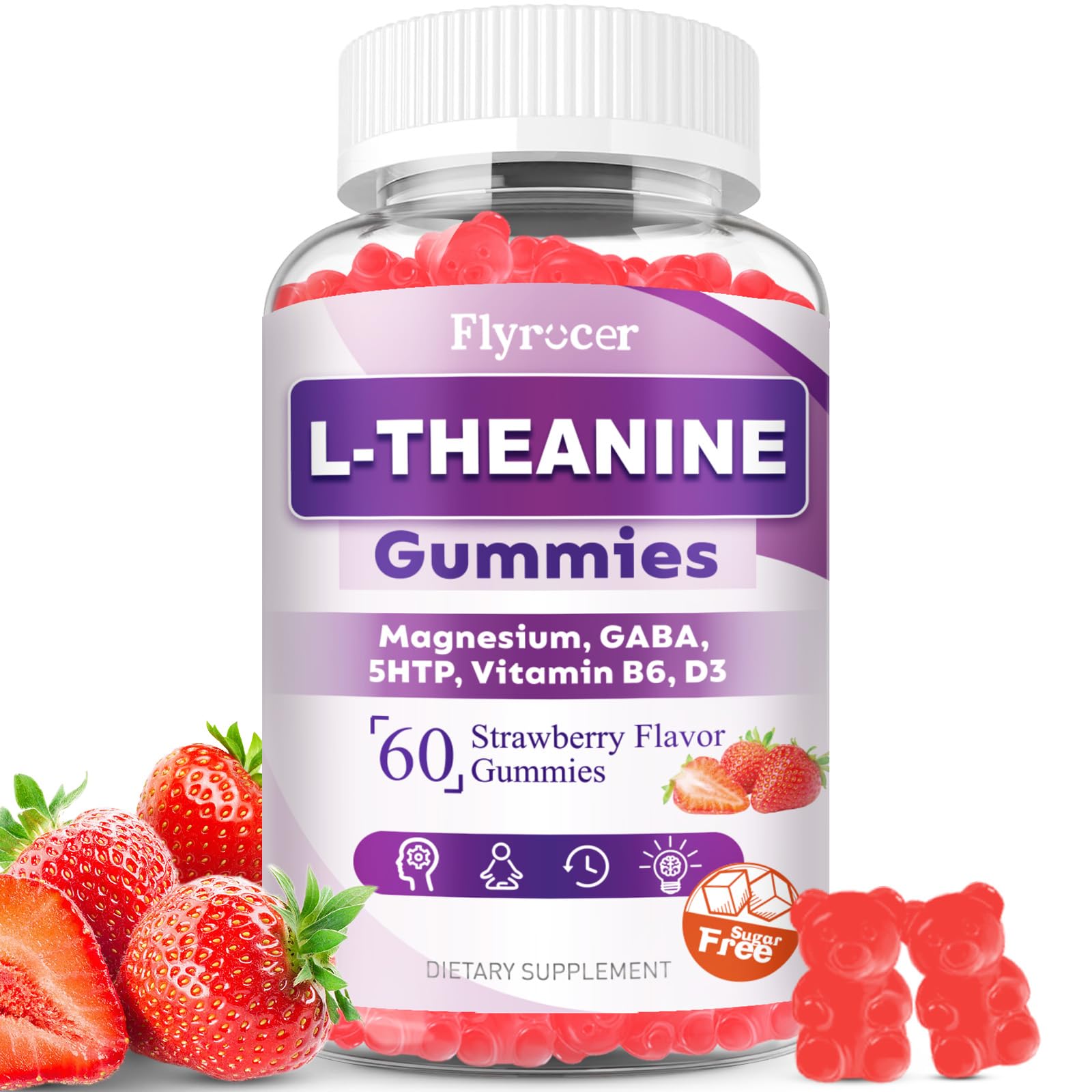 Sugar Free L-Theanine Gummies, L Theanine Supplement for Adults & Kids, L'Theanine with Ashwagandha, Magnesium, 5HTP & GABA - Support Calm, Relax, zzZ, Focus, Vegan Strawberry Flavor, 60 Count FlyrocerAu supplements