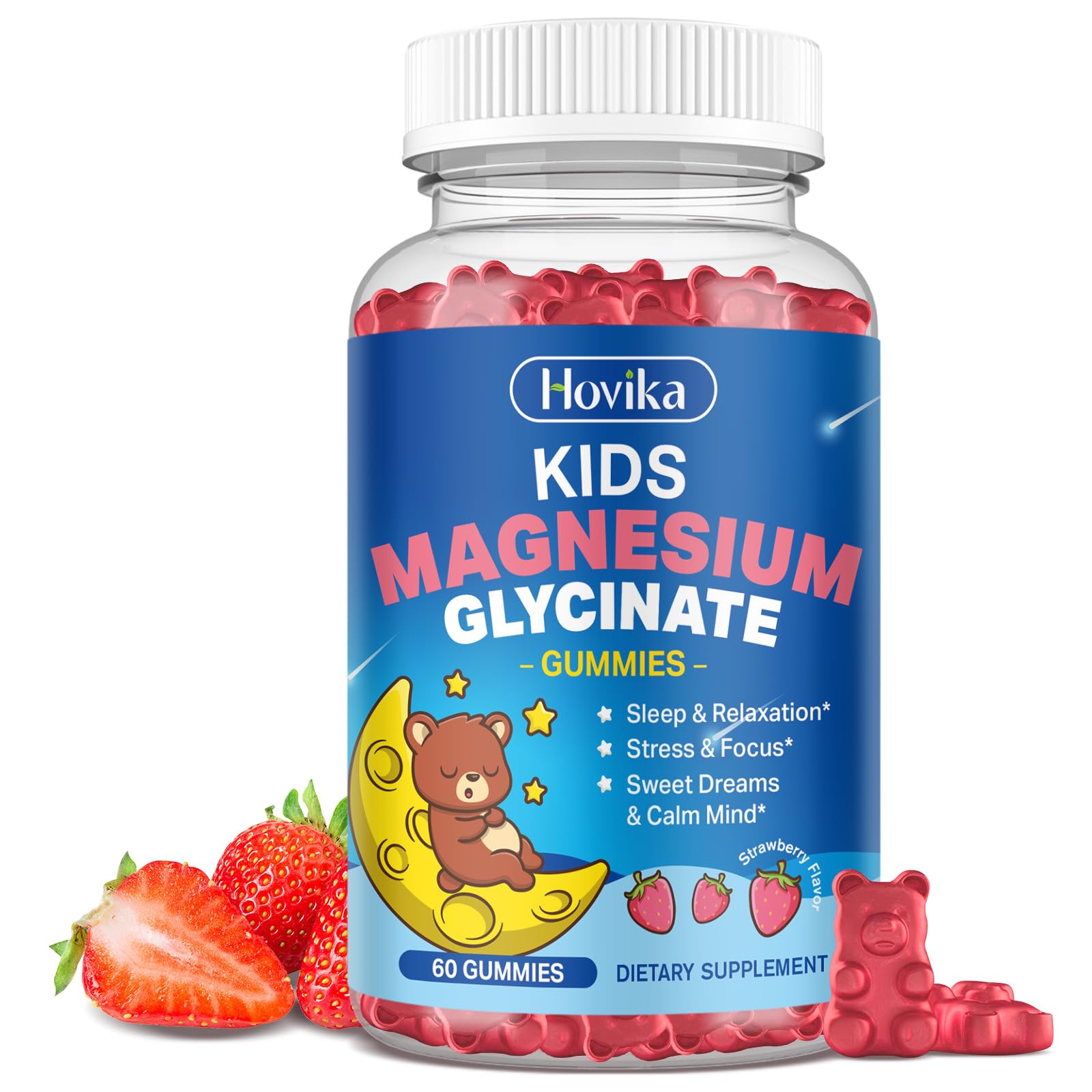 Magnesium Glycinate Gummies for Kids - with L-Theanine, Omega-3, Vitamin B6, D3, Zinc - Kids Magnesium Gummies for Sleep, Relaxation, Calm & Focus - Sugar Free Strawberry 60ct HovikaAu supplements