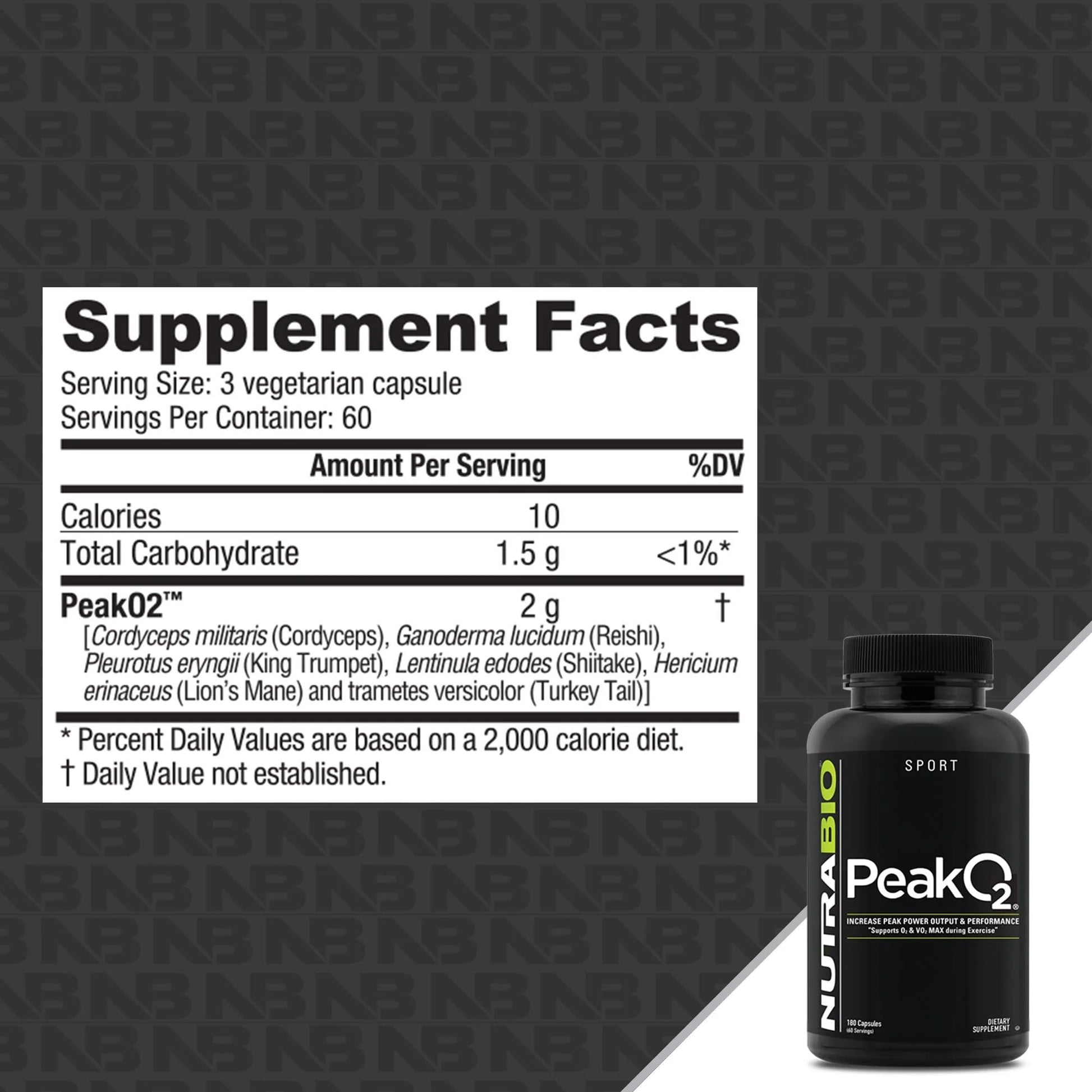 NutraBio PeakO2 Workout Supplement, 180 Capsules - Mushroom Blend Supplement to Help Enhance Athletic Performance and Overall Health, 60 Servings NutraBioAu supplements
