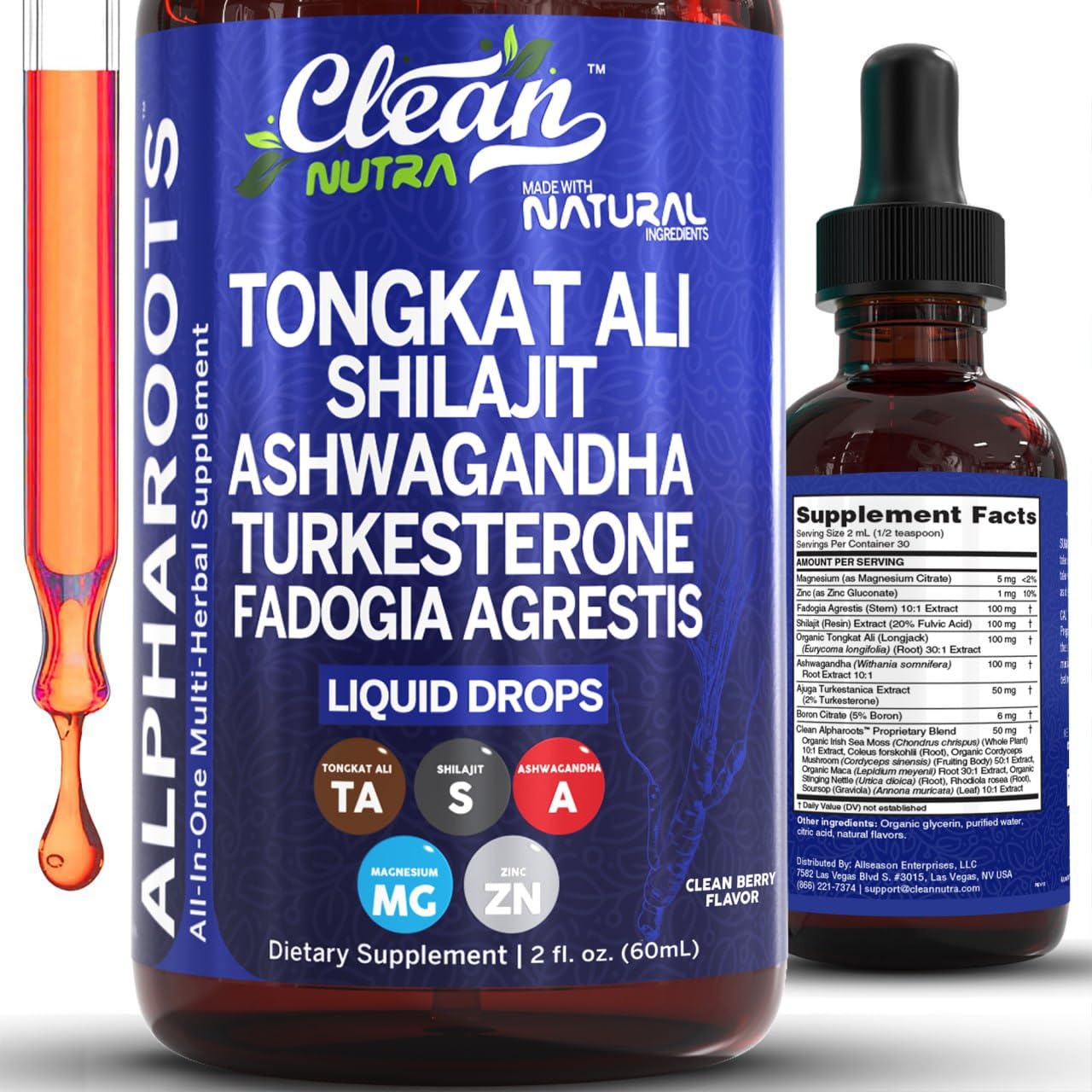 Tongkat Ali Liquid Drops Shilajit, Ashwagandha, Turkesterone, Fadogia Agrestis, Magnesium, Irish Sea Moss, and Zinc Herbal Supplement by Clean Nutra Clean NutraceuticalsAu supplements
