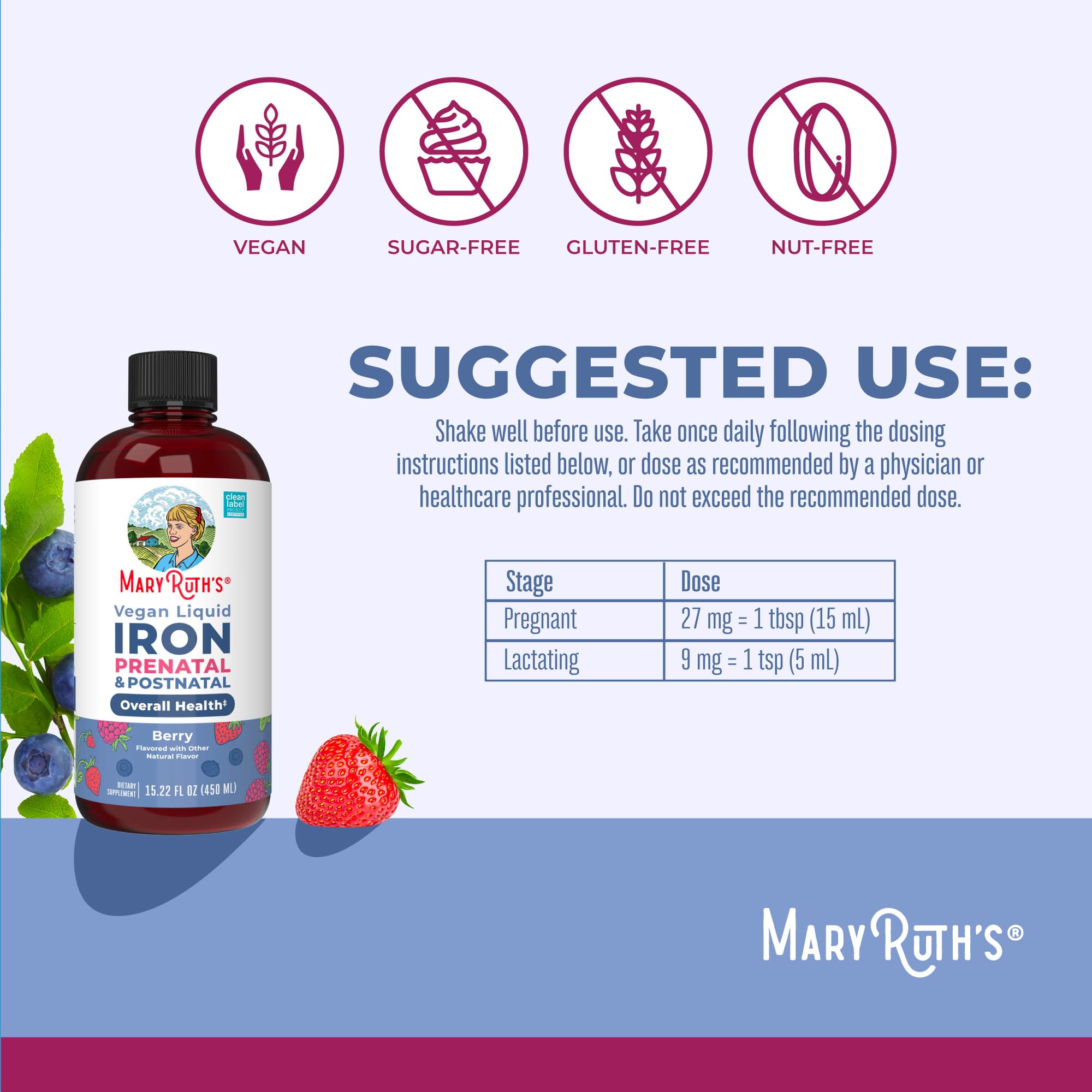 MaryRuth Organics | Liquid Iron Supplement Prenatal & Postnatal for Pregnant & Lactating | Iron Deficiency | Immune Support | Sugar/Gluten Free | Vegan | Non-GMO | 15.22 Fl Oz MARYRUTH'SUS supplements