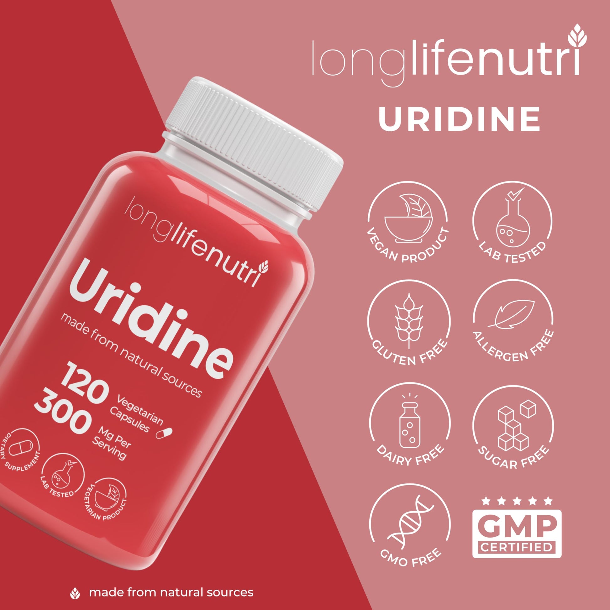 LongLifeNutri Uridine Monophosphate 300mg – Choline Precursor & Synaptic Function, Nootropic for Focus & Mental Performance, 120 Vegetarian Capsules, 4-Month Supply, GMP Certified, Made in USA LongLifeNutriAu supplements