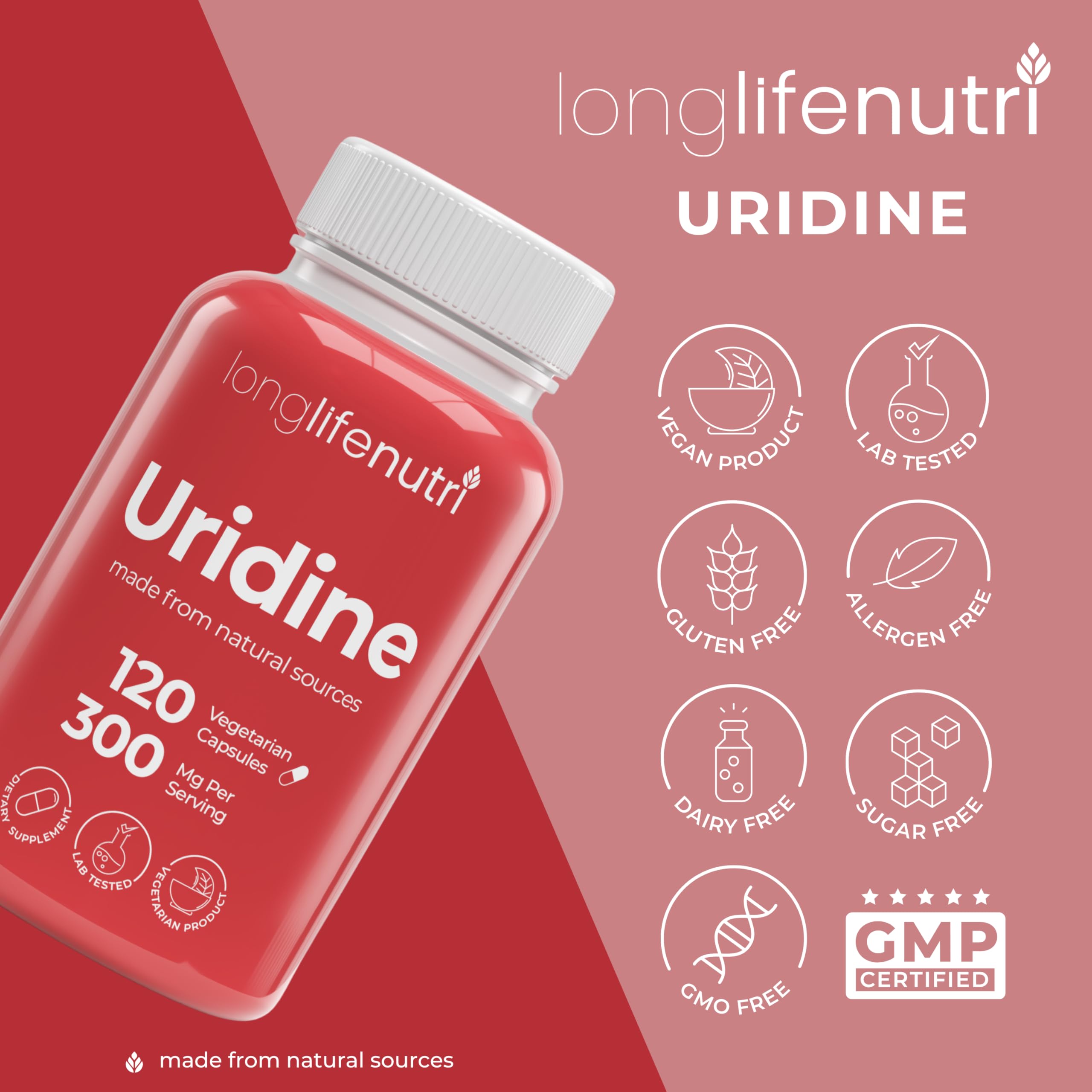 LongLifeNutri Uridine Monophosphate 300mg – Choline Precursor & Synaptic Function, Nootropic for Focus & Mental Performance, 120 Vegetarian Capsules, 4-Month Supply, GMP Certified, Made in USA LongLifeNutriAu supplements