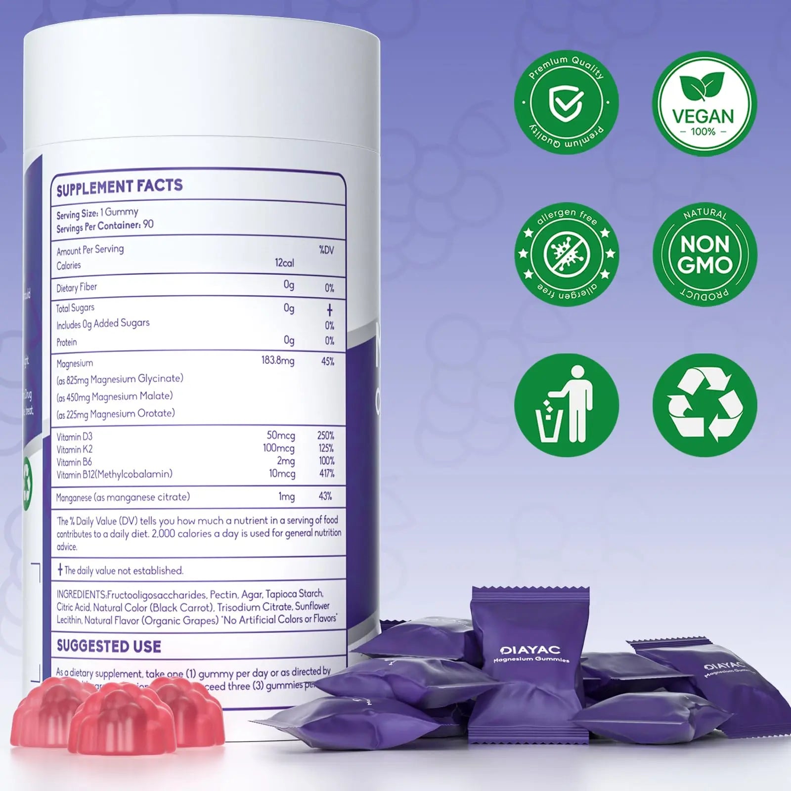 Magnesium Complex Gummies, Individually Packaged Magnesium Supplement, Magnesium Chelate, Bisglycinate, Malate, Citrate, Taurate Chewable for Women & Men,Sleep&Muscle&Nerve Health, Vegan 90 Counts DIAYACnz supplements
