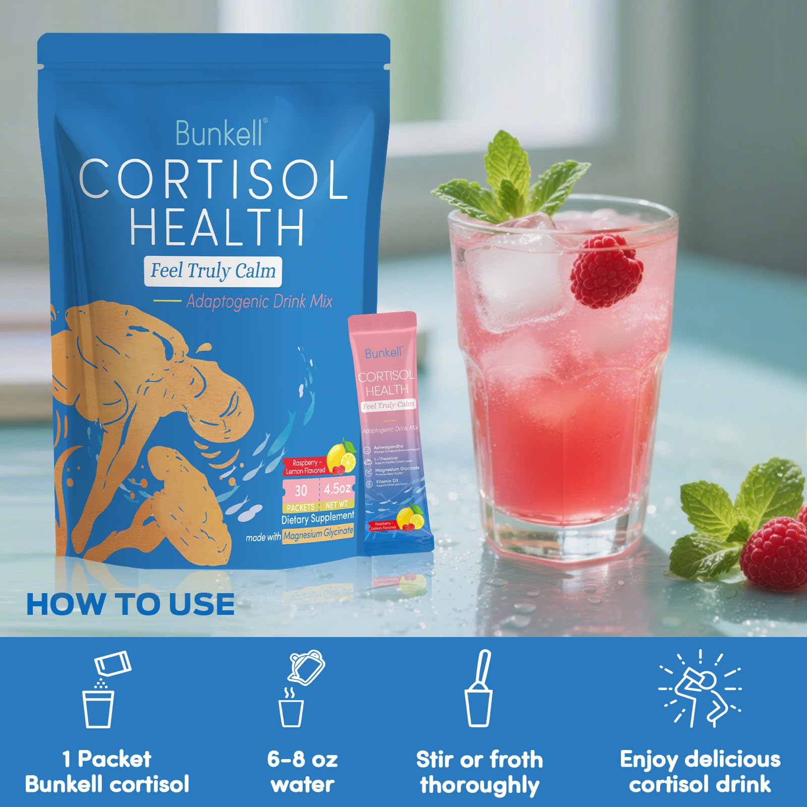 Bunkell Cortisol Powdered Drink Mix, Made with Magnesium Glycinate, L-Theanine, Ashwagandha & Vitamin D3, Cortisol Supplements for Relaxation, Focus & Calm Support, Raspberry Lemonade Flavor, 30 Ct BunkellAu supplements