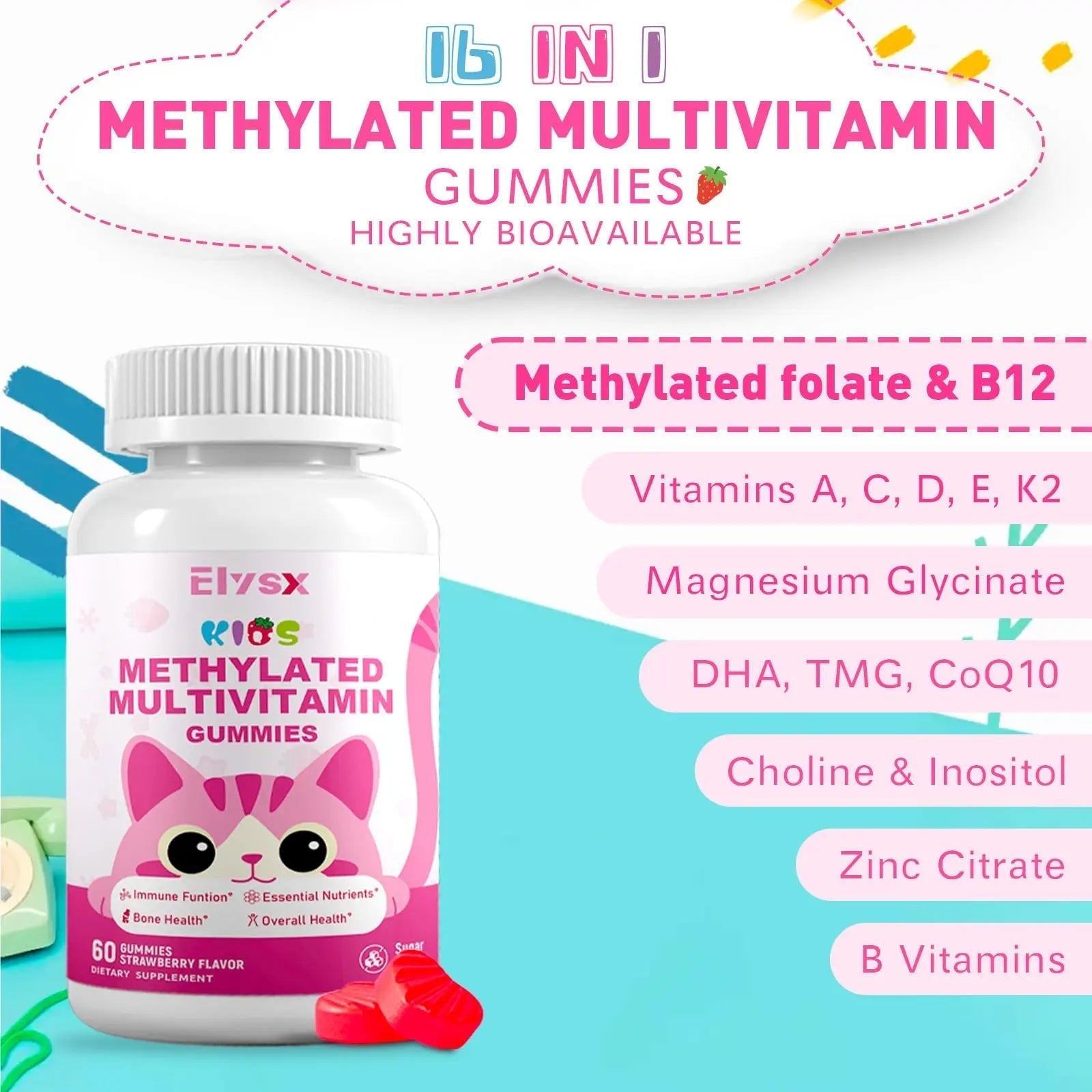 Elysx Kids Methylated Multivitamin Chewable Gummies, MTHFR Supplement with L Methylfolate, Magnesium, Biotin, Choline ElysxAu supplements