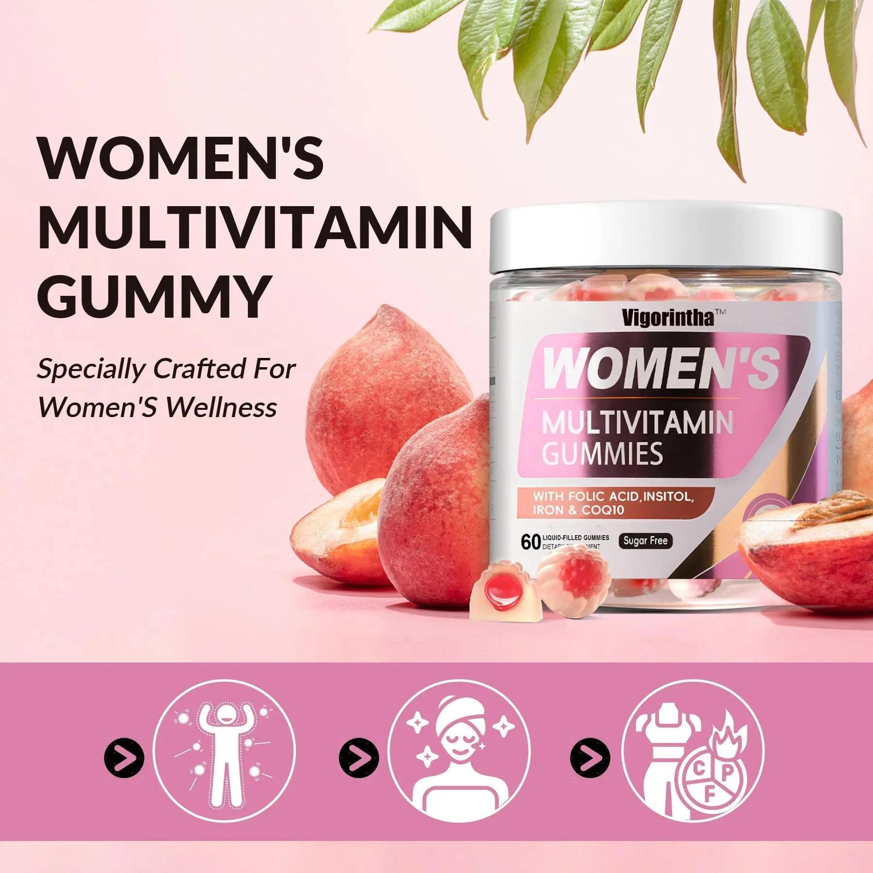 Vigorintha 2 Pack Sugar Free Womens Multivitamin Gummies with 19 Multi Vitamins & Minerals,Iron,Calcium,Folate,Biotin,Inositol VigorinthaAu supplements