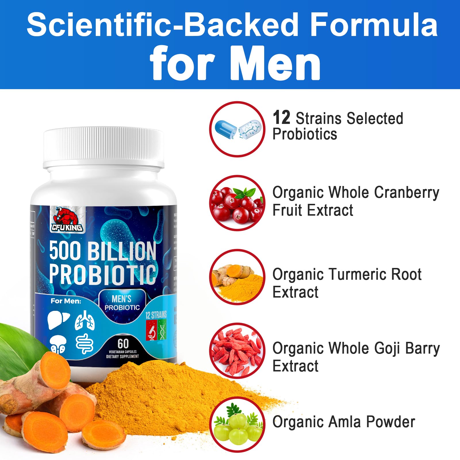 Probiotics for Men, 500 Billion CFU & 12 Mens Probiotic for Digestive Health + 4 Organic Prebiotic Fiber, for Digestive, Gut, Immune Health, Bloating, Gas, Energy Support, Shelf Stable - 120 Capsules CFUKINGAu supplements