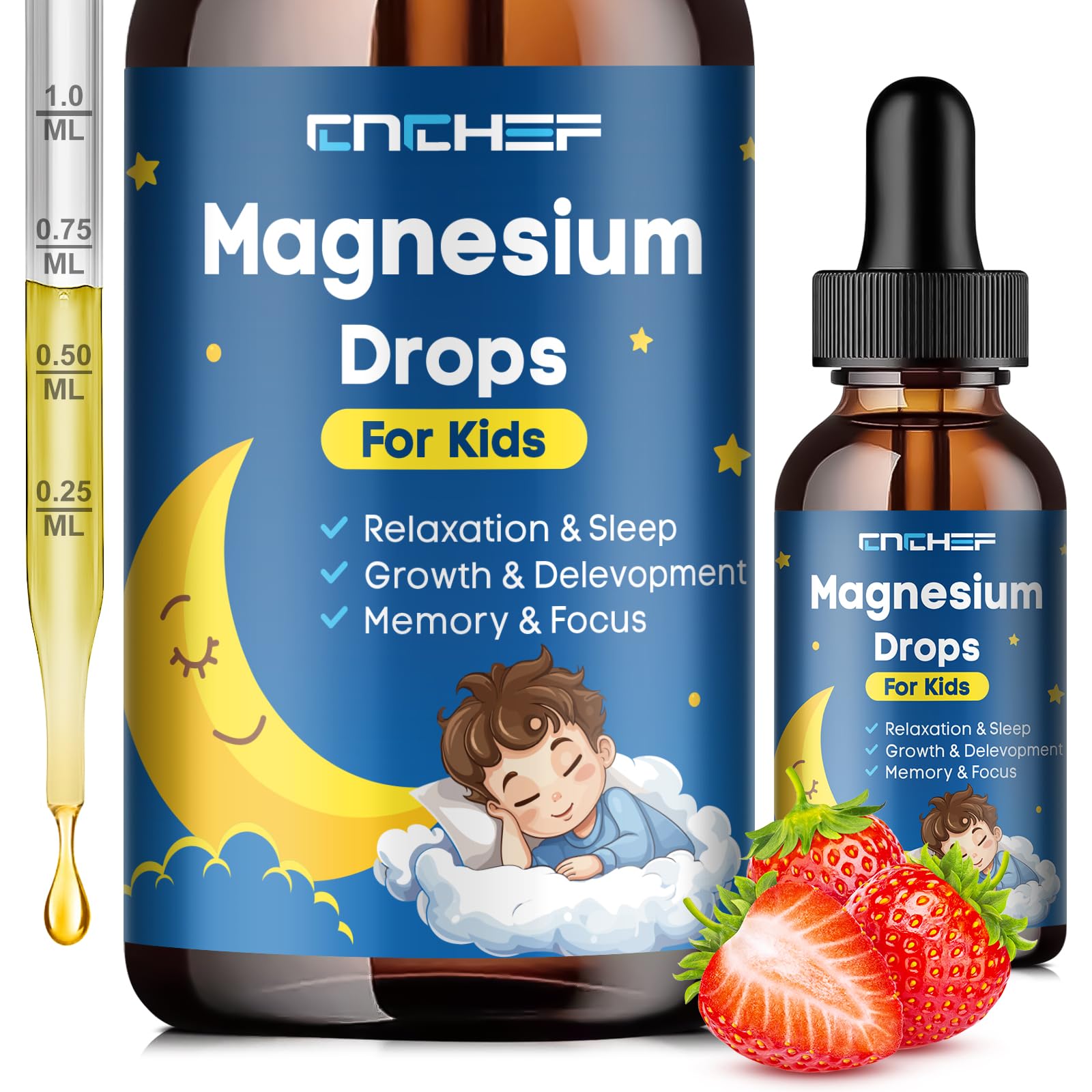 Magnesium Drops - Magnesium Glycinate Liquid Drops for Kids - Calm, Sleep, Relaxation, Bones, Brain Support with Vitamin B6, C, D3, Omega-3, L-Theanine, Zinc, Multivitamins - Strawberry Flavor 2 Fl Oz CNCHEFAu supplements