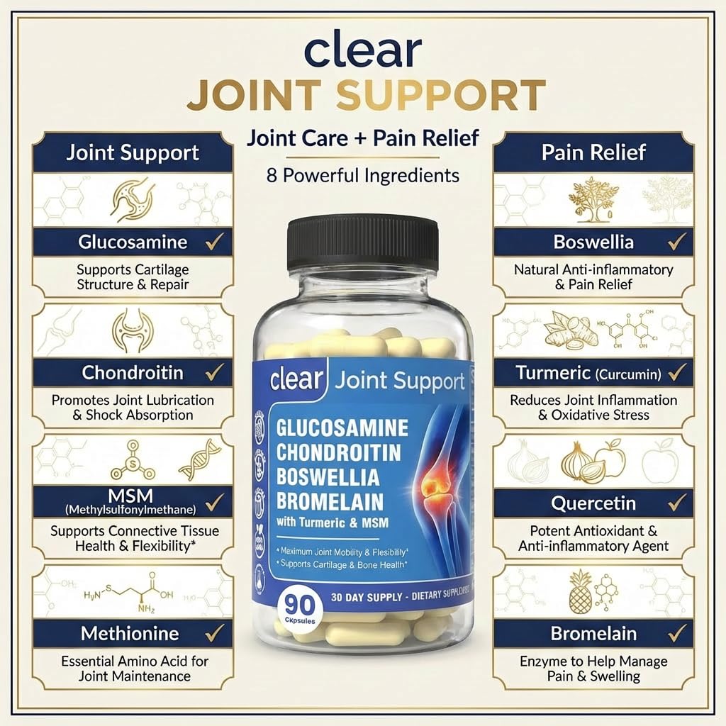 Clear Joint Support - 1500mg Glucosamine Chondroitin MSM - 8 in 1 Joint Health Supplement with Turmeric and Boswellia for Men & Women, Knee, Hip & Back Support, Made in USA, 90 Capsules Clear ProbioticsAu supplements