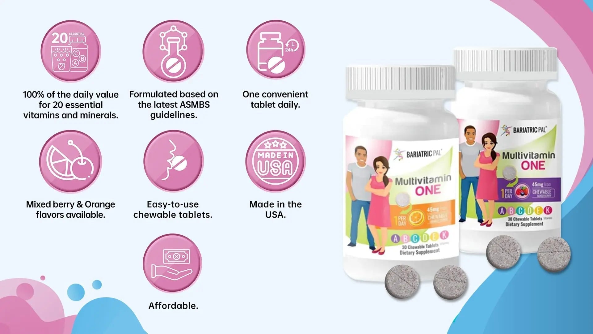 BariatricPal Multivitamin ONE 1 per Day! Bariatric Multivitamin Chewable with 45mg Iron - Mixed Berry (30 Count) BariatricPalAu supplements