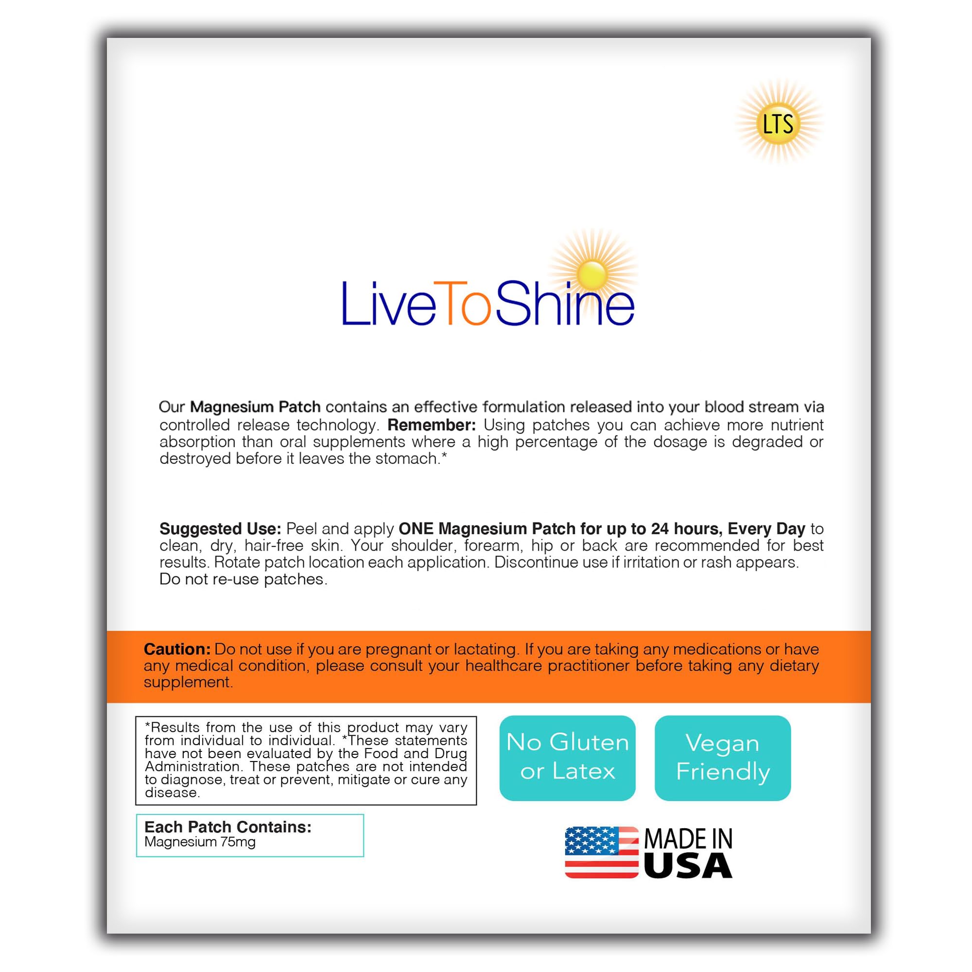Magnesium Patches for Men and Women - Sleep Support & Relaxation, Muscle Recovery, Nerve Function - USA Made - 30 Premium Fast-Acting, Slow-Release Patches - Live To Shine Live To ShineAu supplements