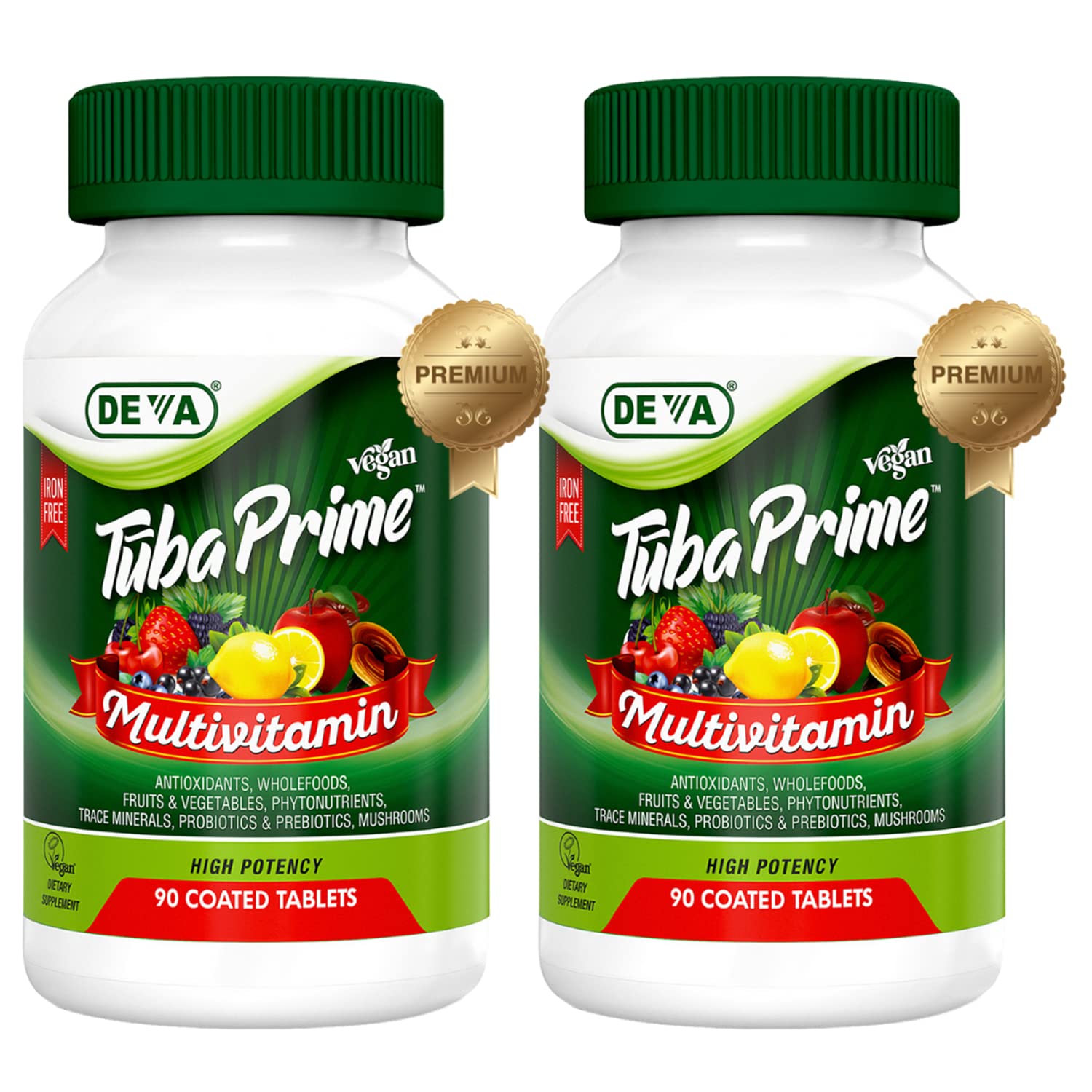 DEVA Tuba Prime Vegan Multivitamin Iron-Free High-Potency Vitamin & Mineral Dietary Supplement Antioxidants, Fruit & Veg Blend, Super Mushrooms, Probiotics, Prebiotics, Seeds, Herbs 90 Tabs 2-Pack DEVAAu supplements