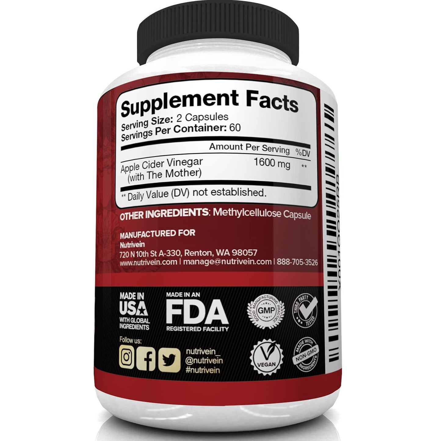 Nutrivein Apple Cider Vinegar Capsules with Mother - 1600mg - 120 Vegan NutriveinUS supplements
