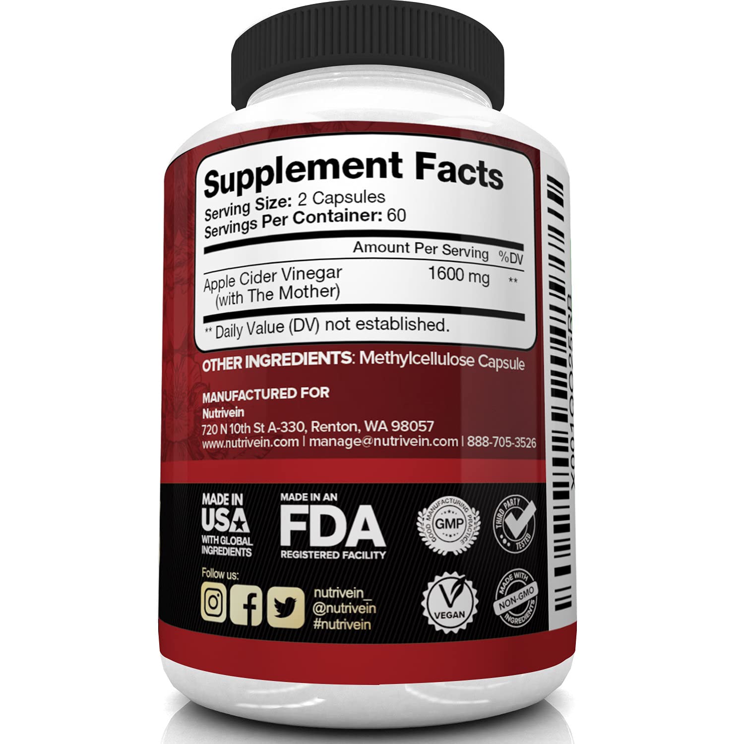 Nutrivein Apple Cider Vinegar Capsules with Mother - 1600mg - 120 Vegan NutriveinUS supplements