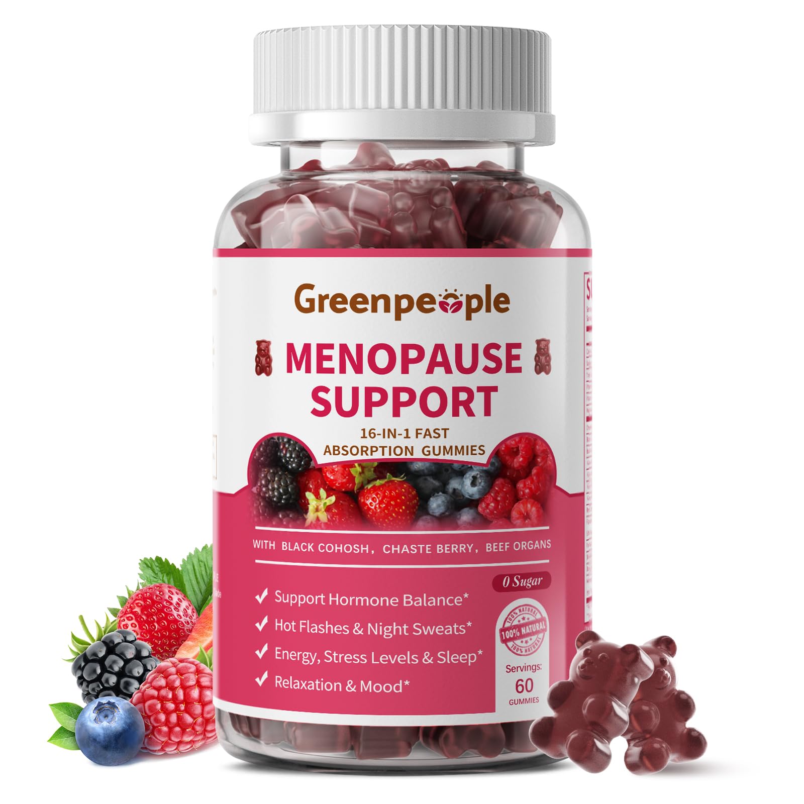 GREENPEOPLE Menopause Supplements for Women Gummies - 16-in-1 Dual Action Menopause Relief W/Black Cohosh, Vitex, Beef Organs for Hormone Balance, Hot Flashes, Night Sweats & Mood, Sugar-Free 60 CT GREENPEOPLEAu supplements
