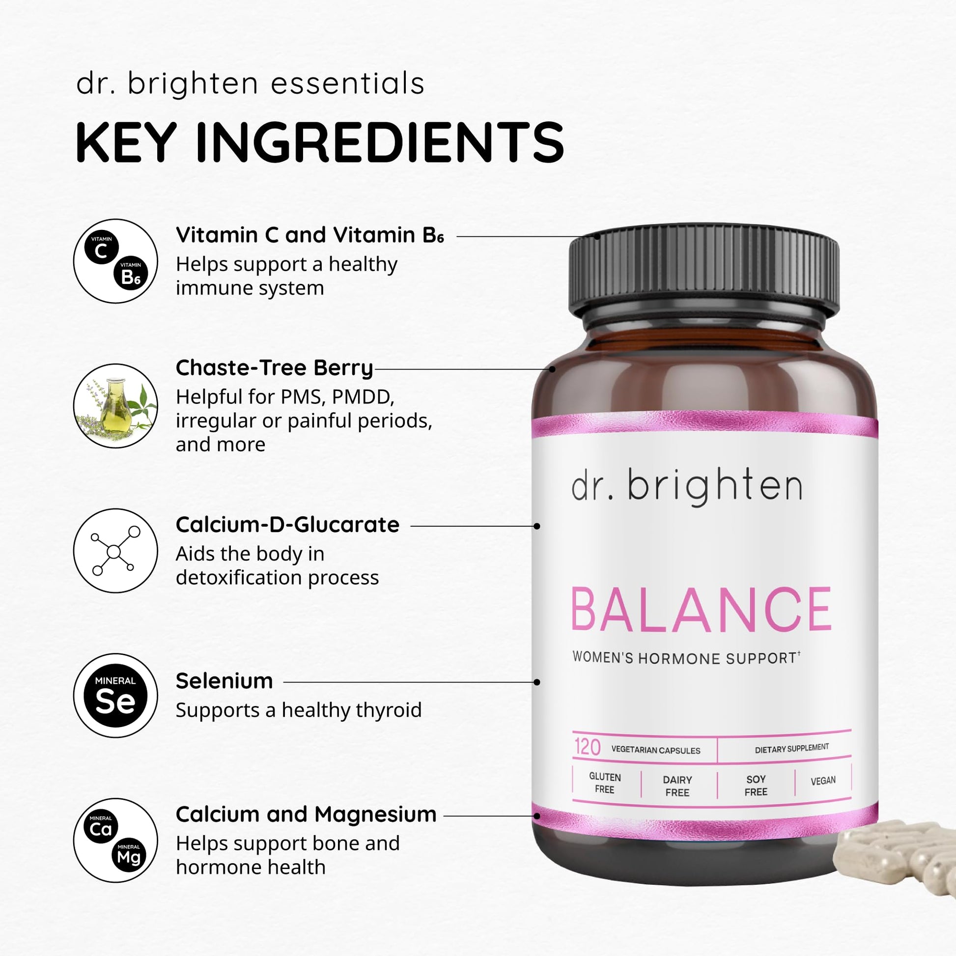 Dr. Brighten Balance - Hormone Balance for Women with Chasteberry and DIM - Targets Hormonal Acne, Period Issues, & PMS - Vegan, Non-GMO Dr. BrightenAu supplements