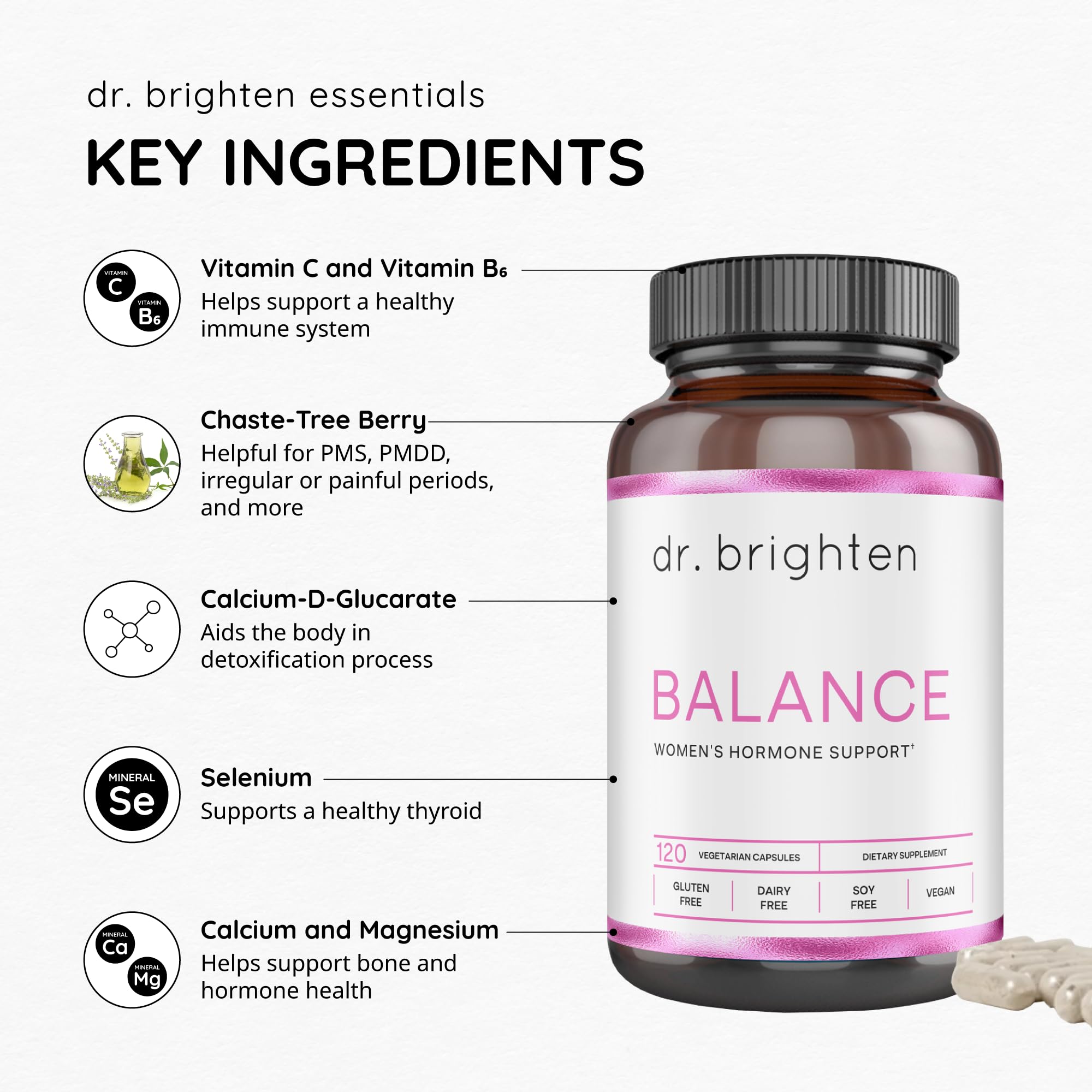 Dr. Brighten Balance - Hormone Balance for Women with Chasteberry and DIM - Targets Hormonal Acne, Period Issues, & PMS - Vegan, Non-GMO Dr. BrightenAu supplements