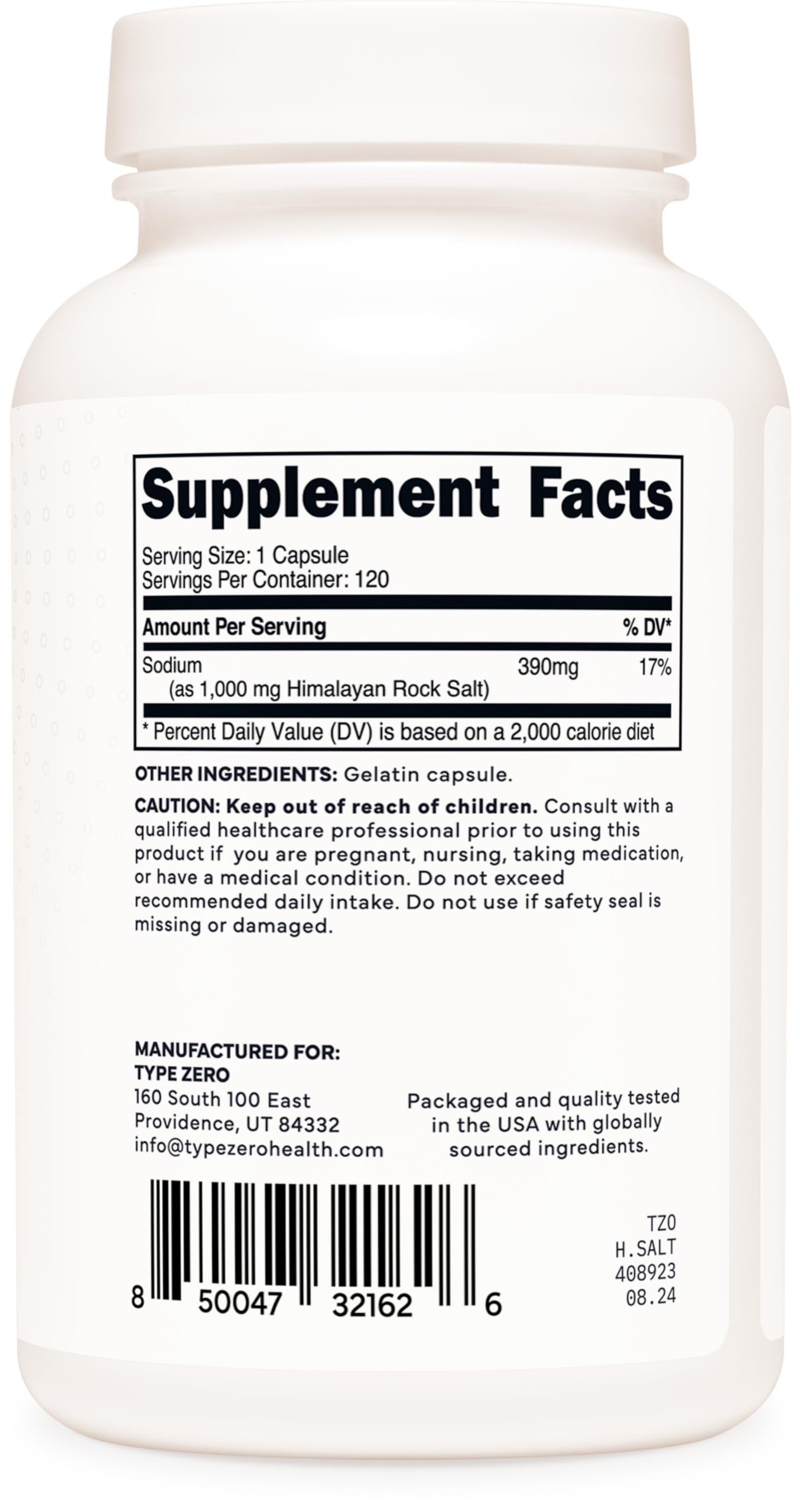 Type Zero Himalayan Rock Salt Capsules (120 Capsules) (1000mg per Serving) Type ZeroUS supplements