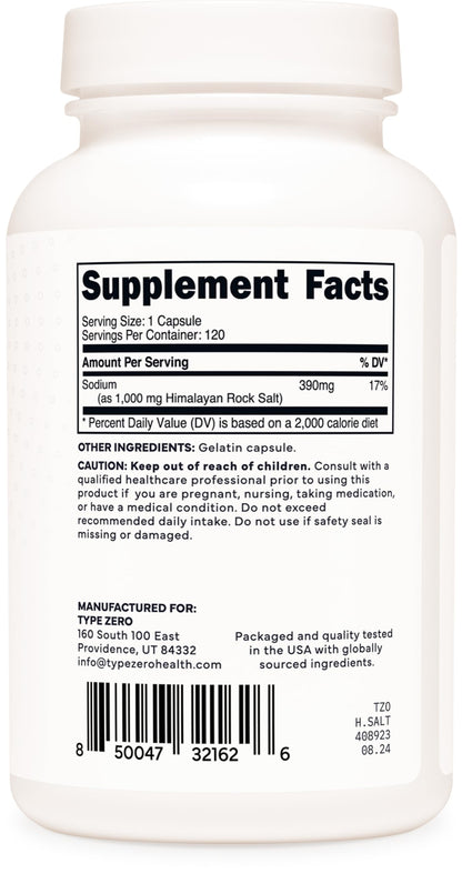 Type Zero Himalayan Rock Salt Capsules (120 Capsules) (1000mg per Serving) Type ZeroUS supplements
