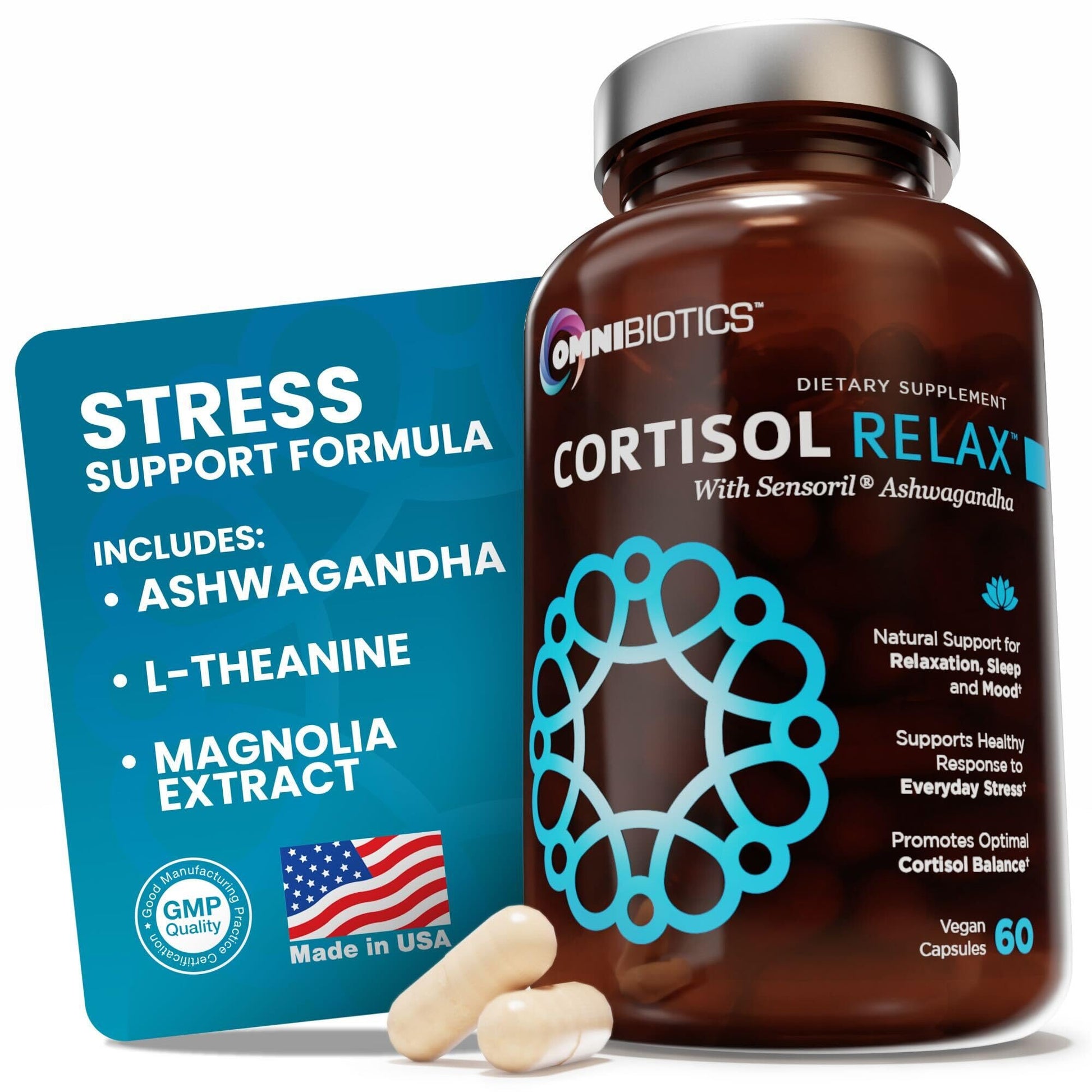 OmniBiotics Cortisol Supplement for Women and Men - High Cortisol Manager with Ashwagandha, L-Theanine, Magnolia Extract, Phosphatidylserine to Support Relaxation, Calm, Detox - 60 Vegan Capsules OmniBioticsAu supplements