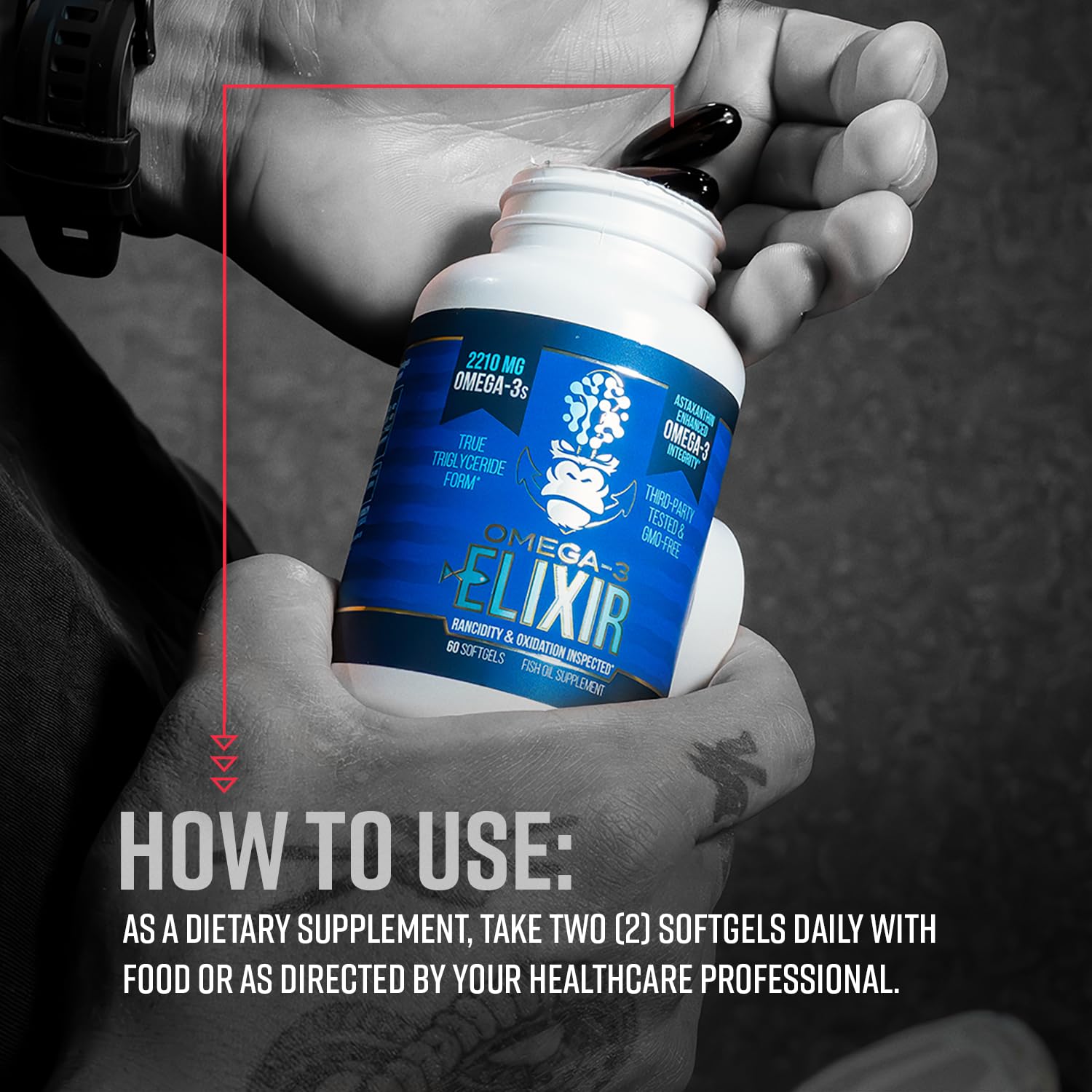 Gorilla Mind Omega-3 Elixir™ | 2210mg Fish Oil Re-Esterified Triglyceride Form | EPA, DHA + 2 Fatty Acids | Astaxanthin Infusion for Bolstered Integrity | 3rd Party & Rancidity Tested | 60 Softgels Gorilla MindAu supplements