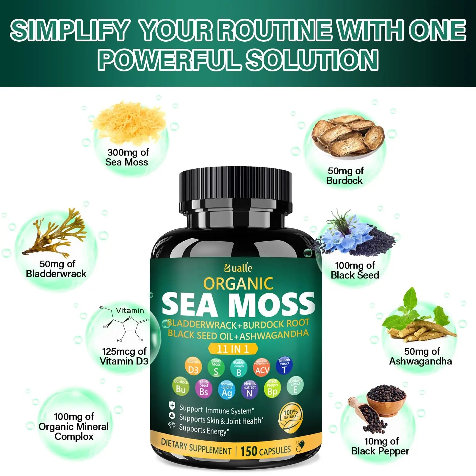 Bualle Irish Sea Moss Capsules – Organic Sea Moss, Black Seed Oil, Ashwagandha Supplements with Bladderwrack, Ginger & Burdock Root – Supports Daily Wellness, Skin & Energy – 150 Count (1 Pack) Buallenz supplements