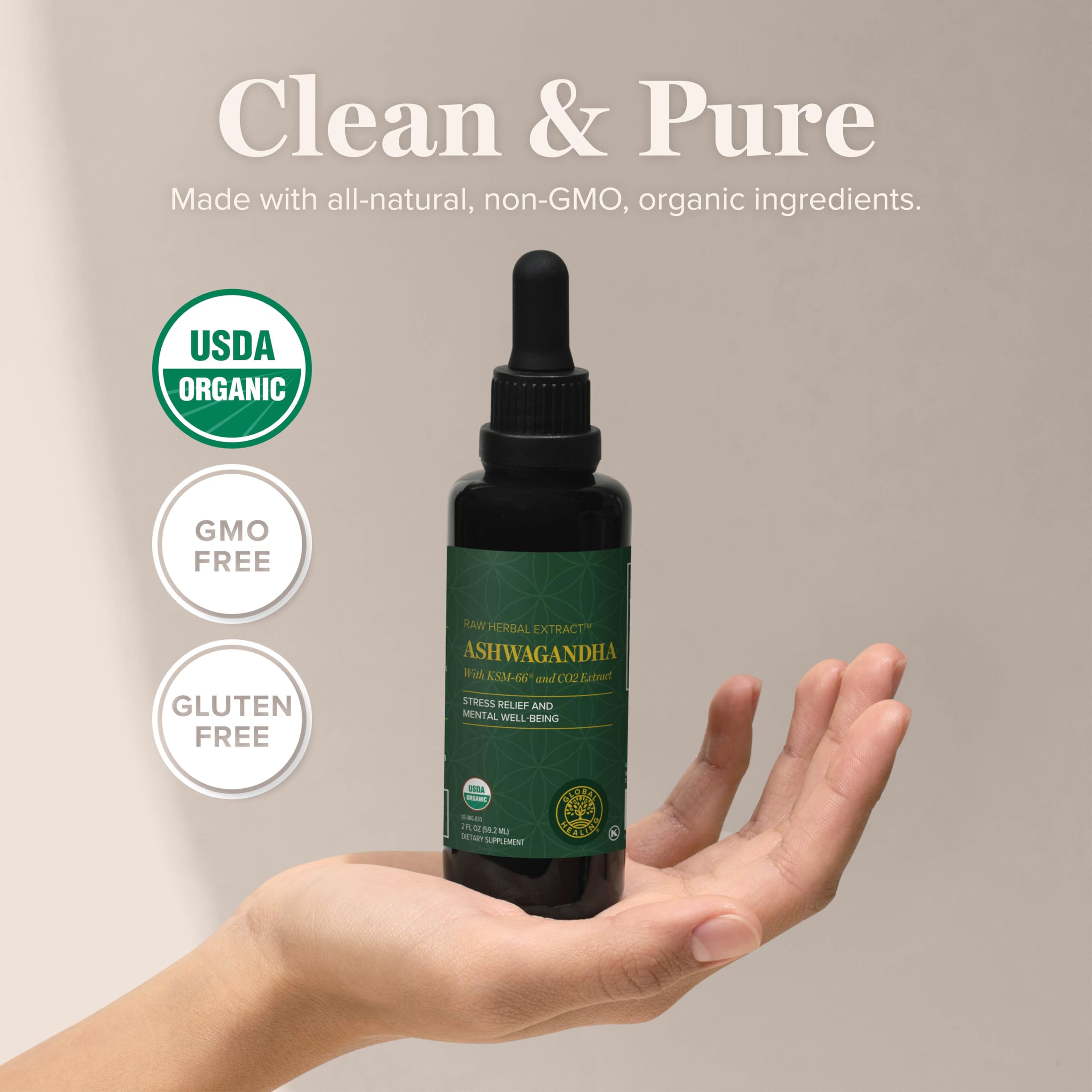 Global Healing Center - Organic Ashwagandha Supplements Drops - KSM-66 Ashwagandha Extra Strength for Men & Women, Helps Promote Relief from Stress, Mood Support, Organic (2 Fl Oz) Global Healing CenterAu supplements