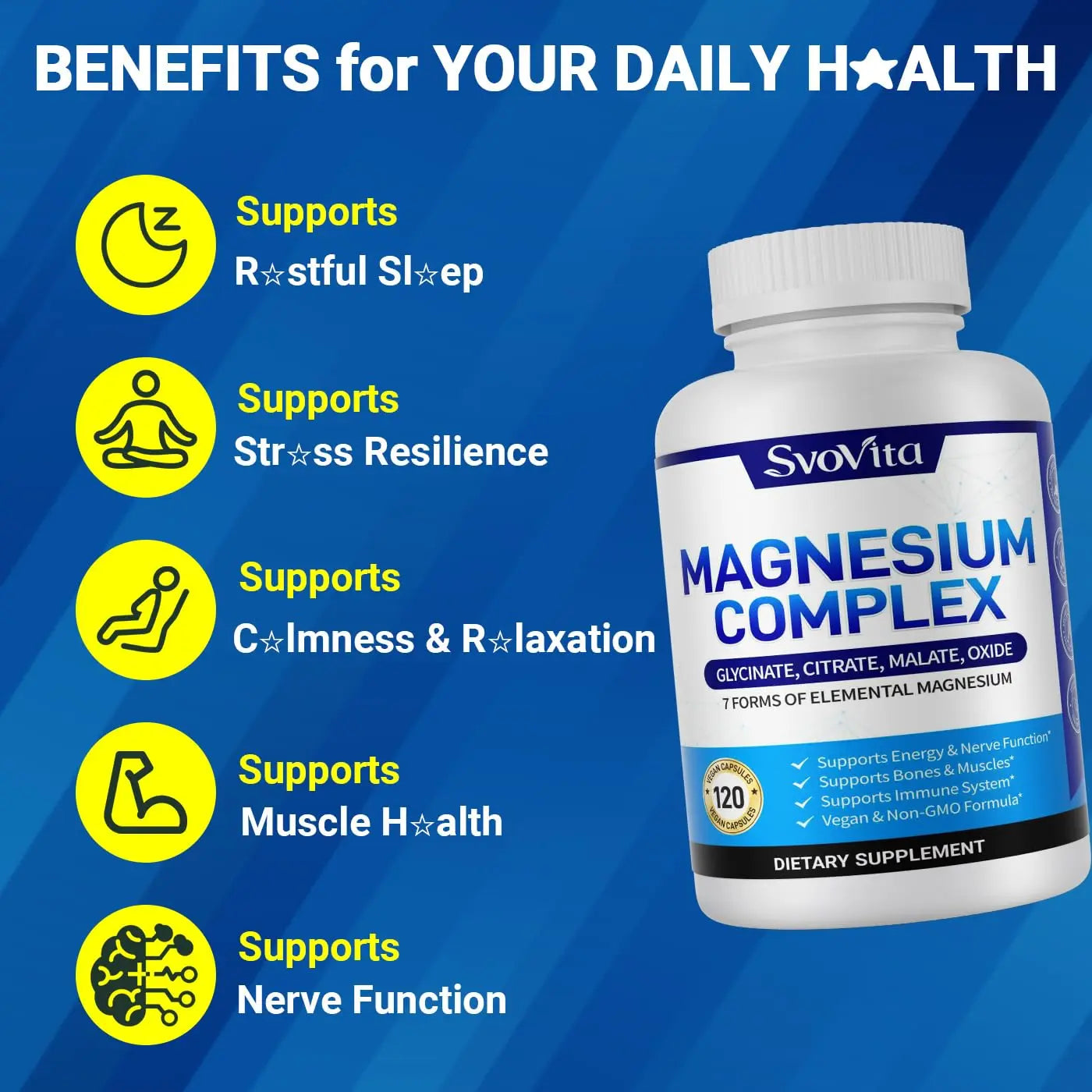 Magnesium Complex Supplement with 7 Forms of Magnesium Glycinate, Malate, Citrate & More, High Absorption for Bones, Muscle, Recovery, Energy, Vegan Non-GMO 120 Capsules Svovitanz supplements