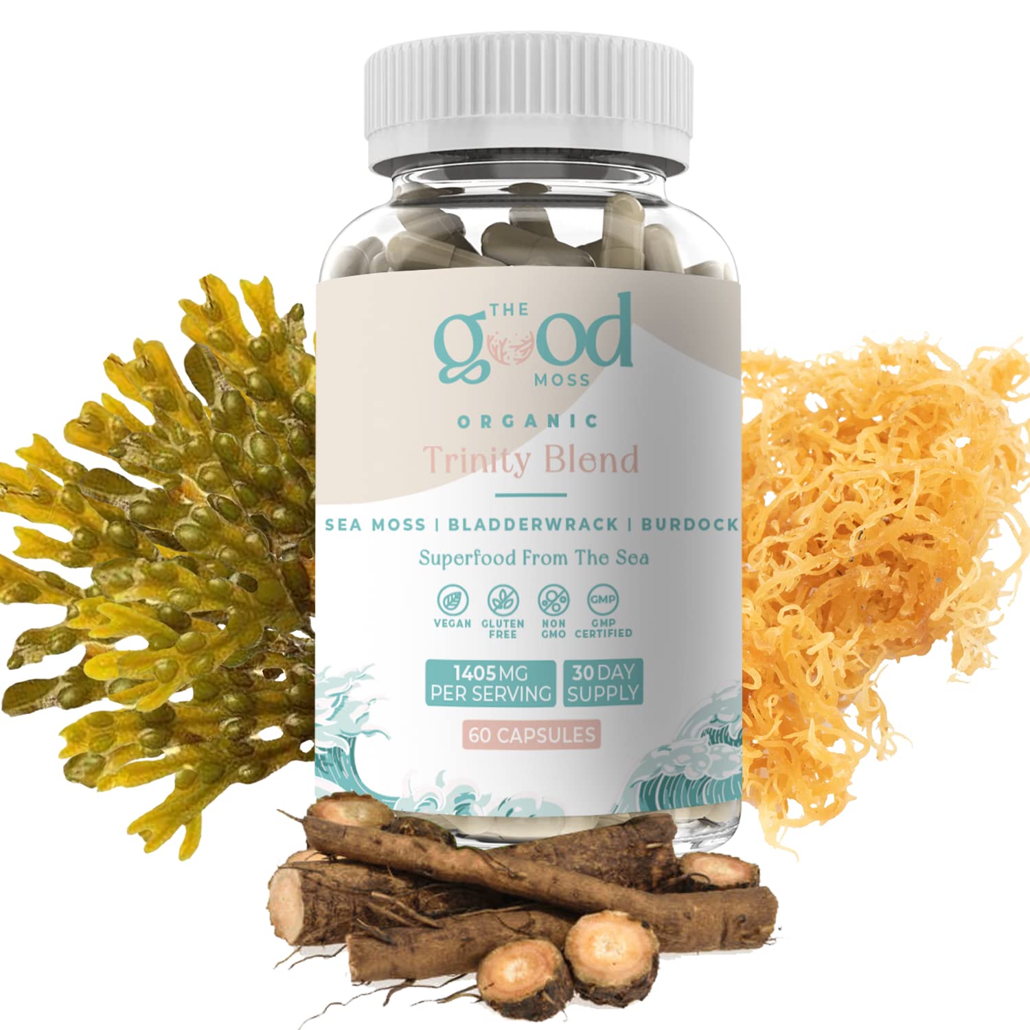 Trinity Blend Superfood -Sea Moss, Bladderwrack and Burdock Root Supplement for Overall Health Support, Hair, Skin and Nails 60ct The Good MossAu supplements