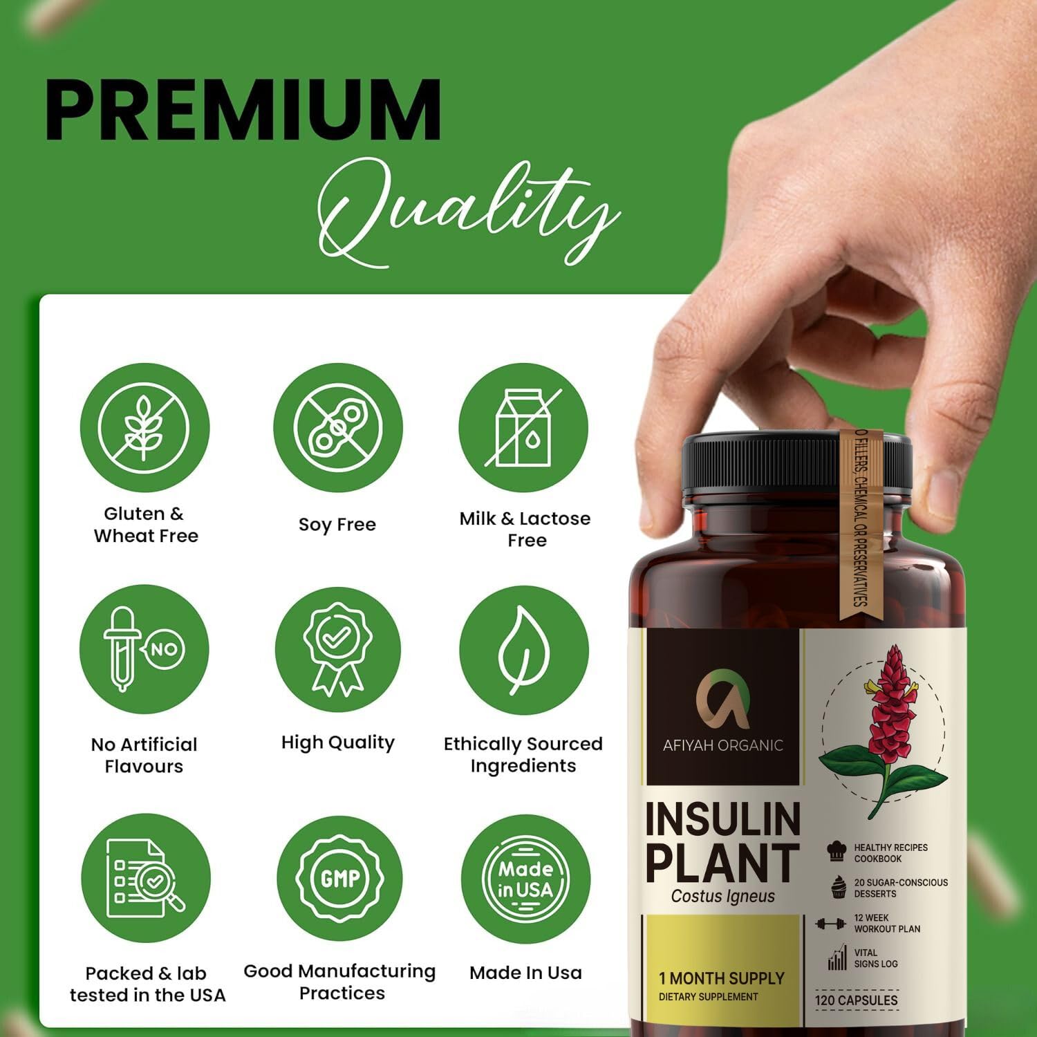 Afiyah Organic - Premium Quality Costus Igneus (Insulin Plant) Capsules - Easy to Swallow 120 Veggie Capsules (1 Month Supply) - Made in the USA - Including Complete Health Support Program Afiyah OrganicAu supplements