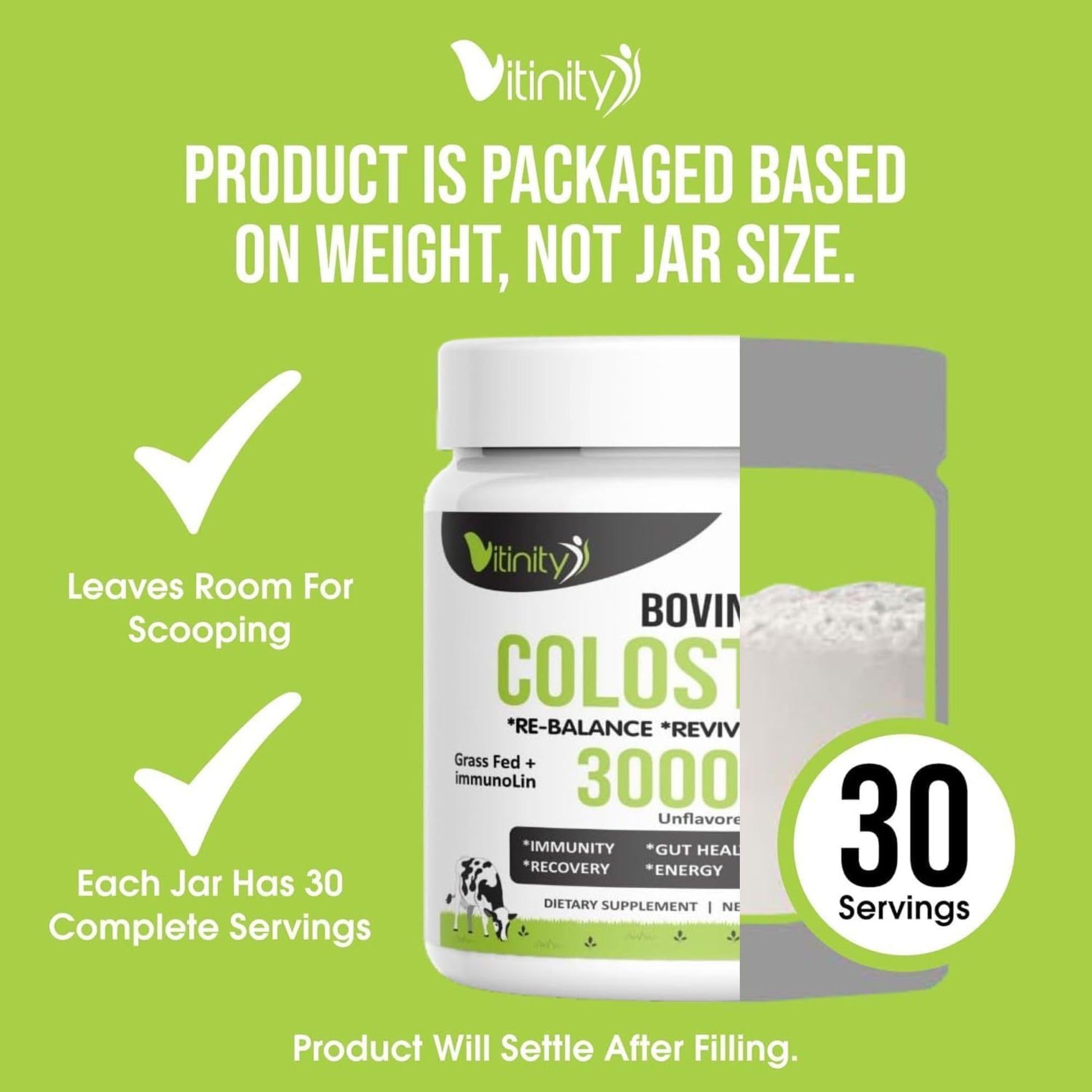 VITINITY Grass Fed Bovine Colostrum Powder for Humans 3000 mg - Natural IgG Colostrum Supplement Gut Health, Immune Support, Muscle Recovery, Wellness | Pure Colostrum Superfood,Unflavored 2 Pack VITINITYAu supplements