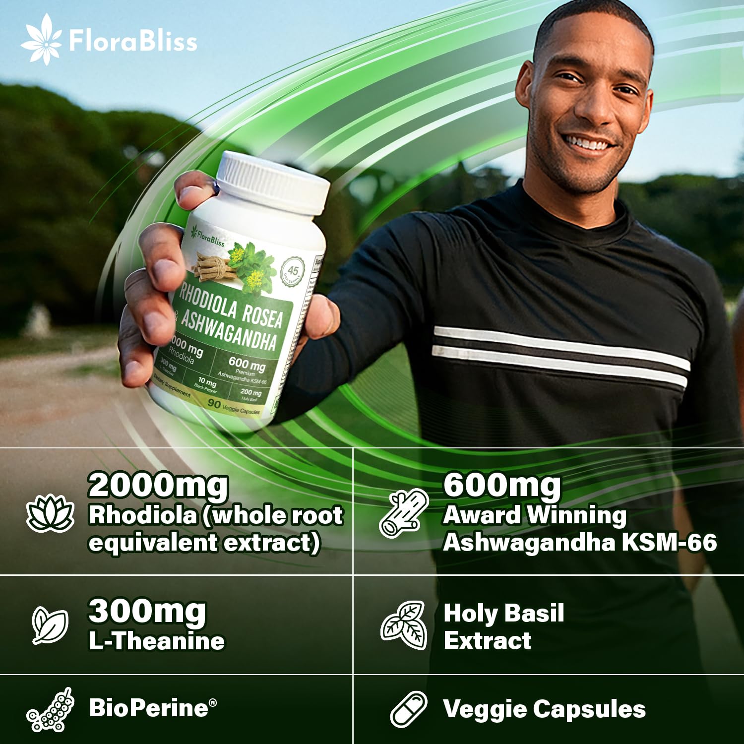 FloraBliss Rhodiola Rosea with Ashwagandha KSM-66, L-Theanine, Holy Basil & Black Pepper - 90 High Potency Vegan Capsules - 45-Day Supply FloraBlissAu supplements