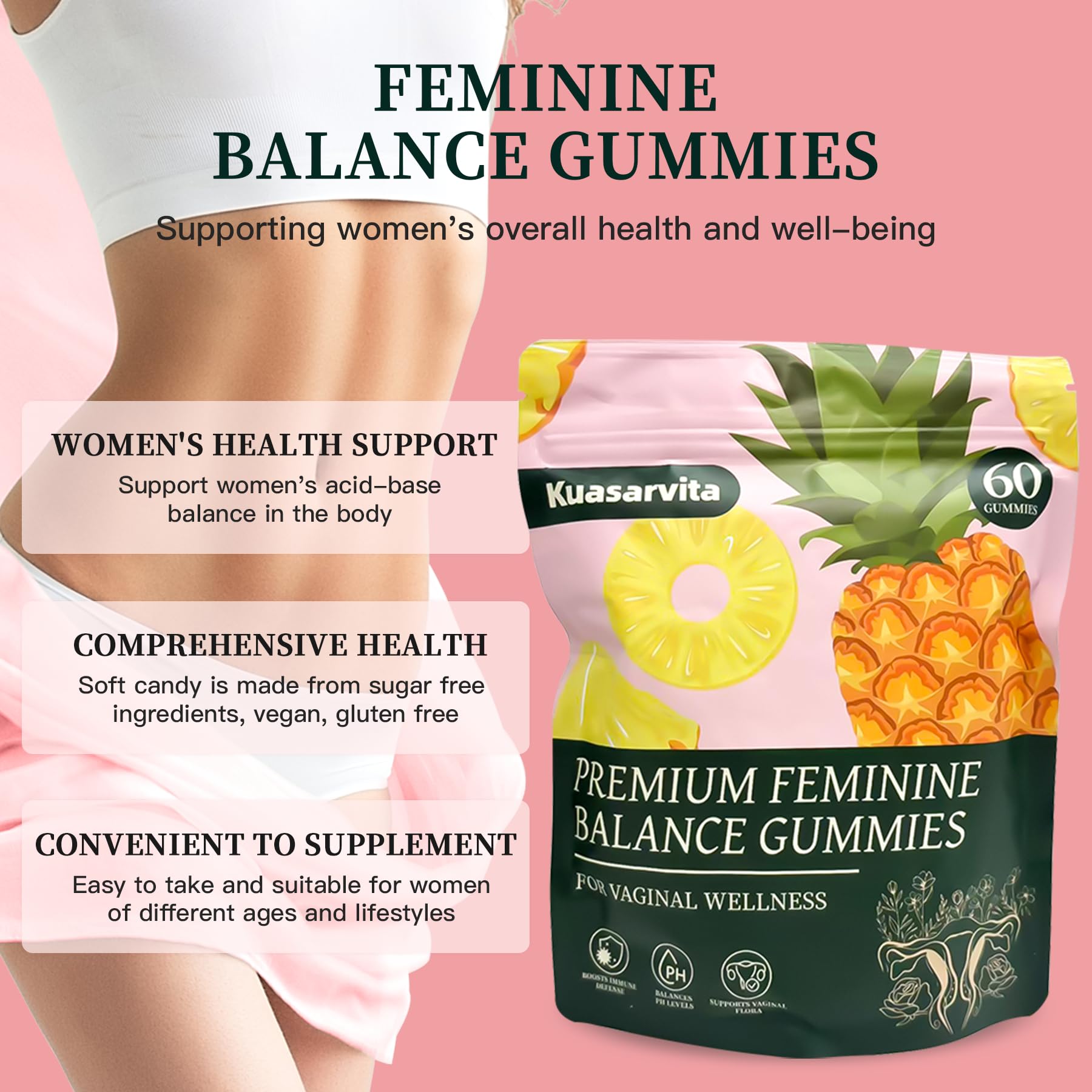 Kuasarvita Peeshlita Women’s Vaginal Probiotics Gummies – pH Balance Support + Feminine Wellness & Comfort, Pineapple Flavor, Natural Probiotic Blend – 60 Gummies KuasarvitaAu supplements