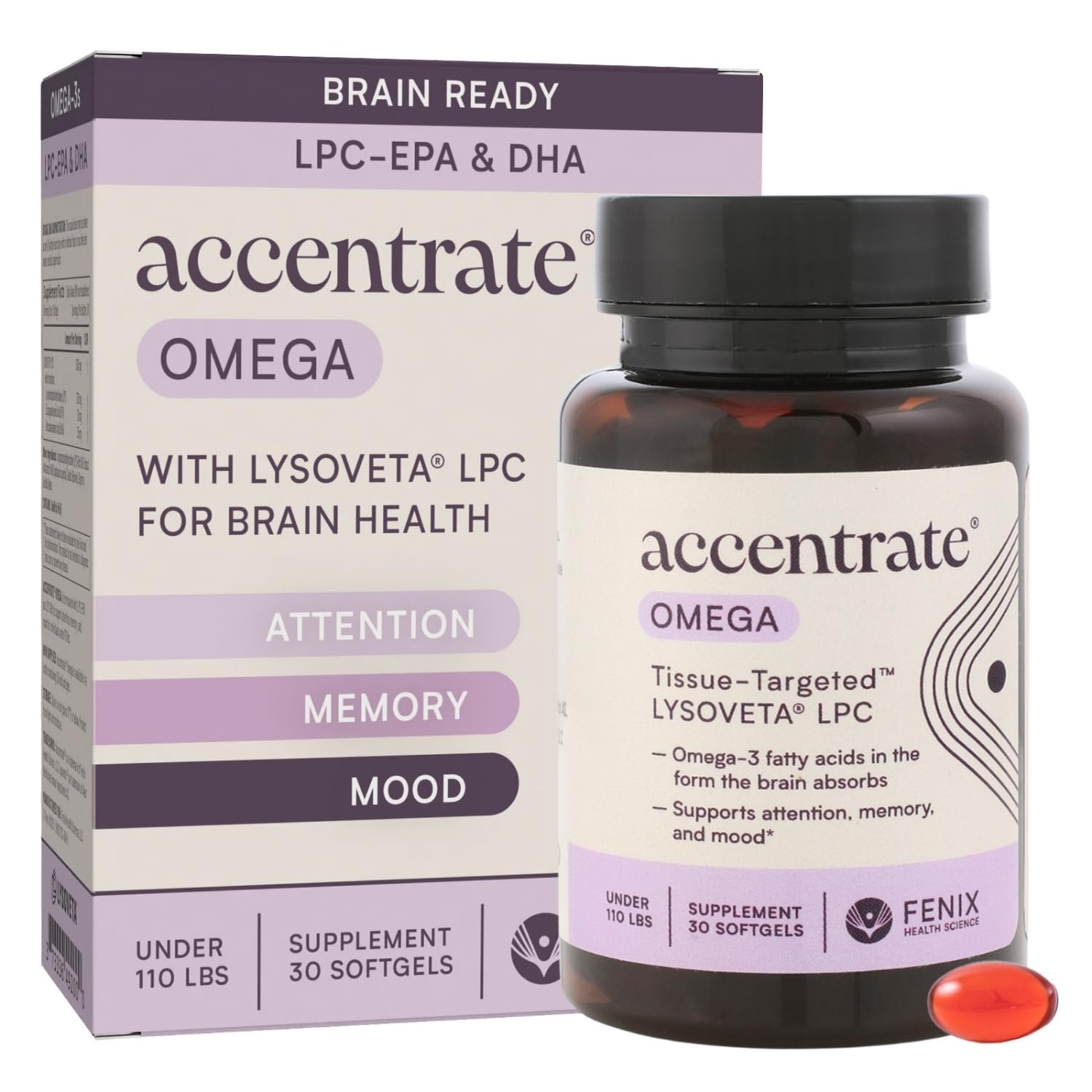 Omega w/LYSOVETA LPC | EPA & DHA Supplements for Brain Health | Focus, Attention, Memory, & Mood | 6X Higher Absorption Than Fish Oil | Omega-3 Fatty Acid Supplements | Highest Potency LPC-DHA AccentrateAu supplements