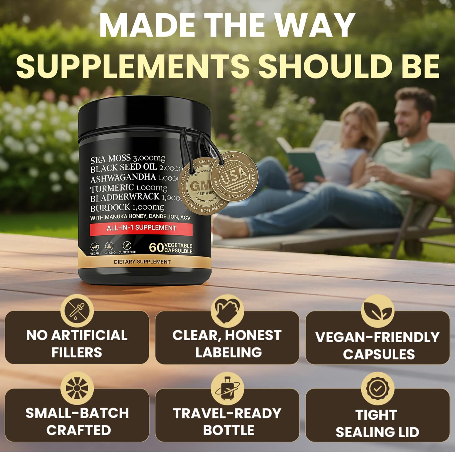 AZ ApexZone True Sea Moss Capsules Black Seed Oil Ashwagandha Burdock Root, Tumeric Supplement with Manuka Honey, Dandelion Root ACV - 60 Capsules - Multi Vitamin AZ ApexZoneAu supplements