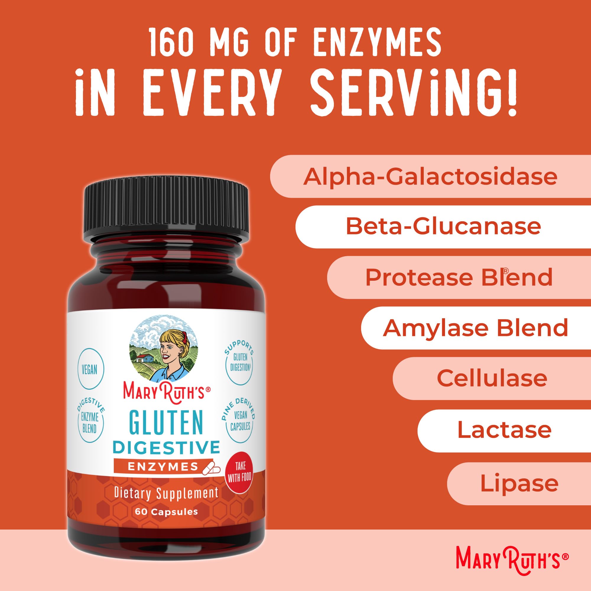 MaryRuth’s Gluten Digestive Enzymes | Up to 2 Month Supply | Proprietary Enzyme Blend | Vegan Pine-Based Capsules | Non-GMO | 60 Count MARYRUTH'SUS supplements