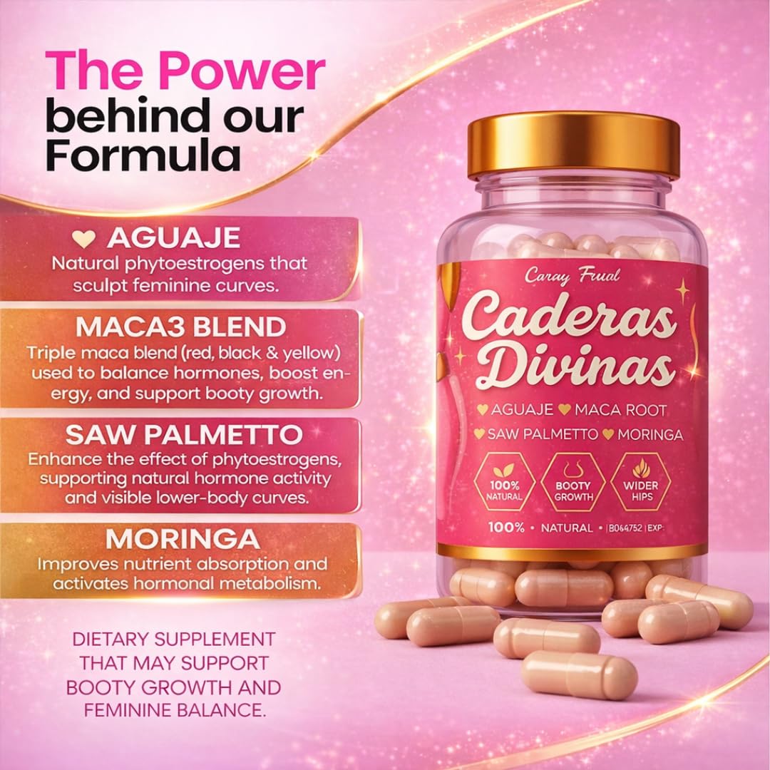 Caderas Divinas : Bigger Booty & Wider Hips – Aguaje + Maca Pills with Moringa & Saw Palmetto – 4 Super Ingredients for Natural Curve Growth – by CurvyFruit – 60 Capsules Curvy FruitAu supplements