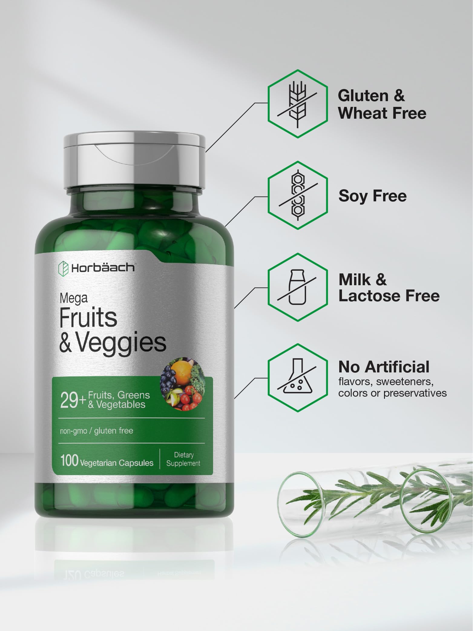 Horbäach Mega Fruits and Veggies Supplement | 100 Capsules | Vegetarian, Non-GMO and Gluten Free HorbäachAu supplements