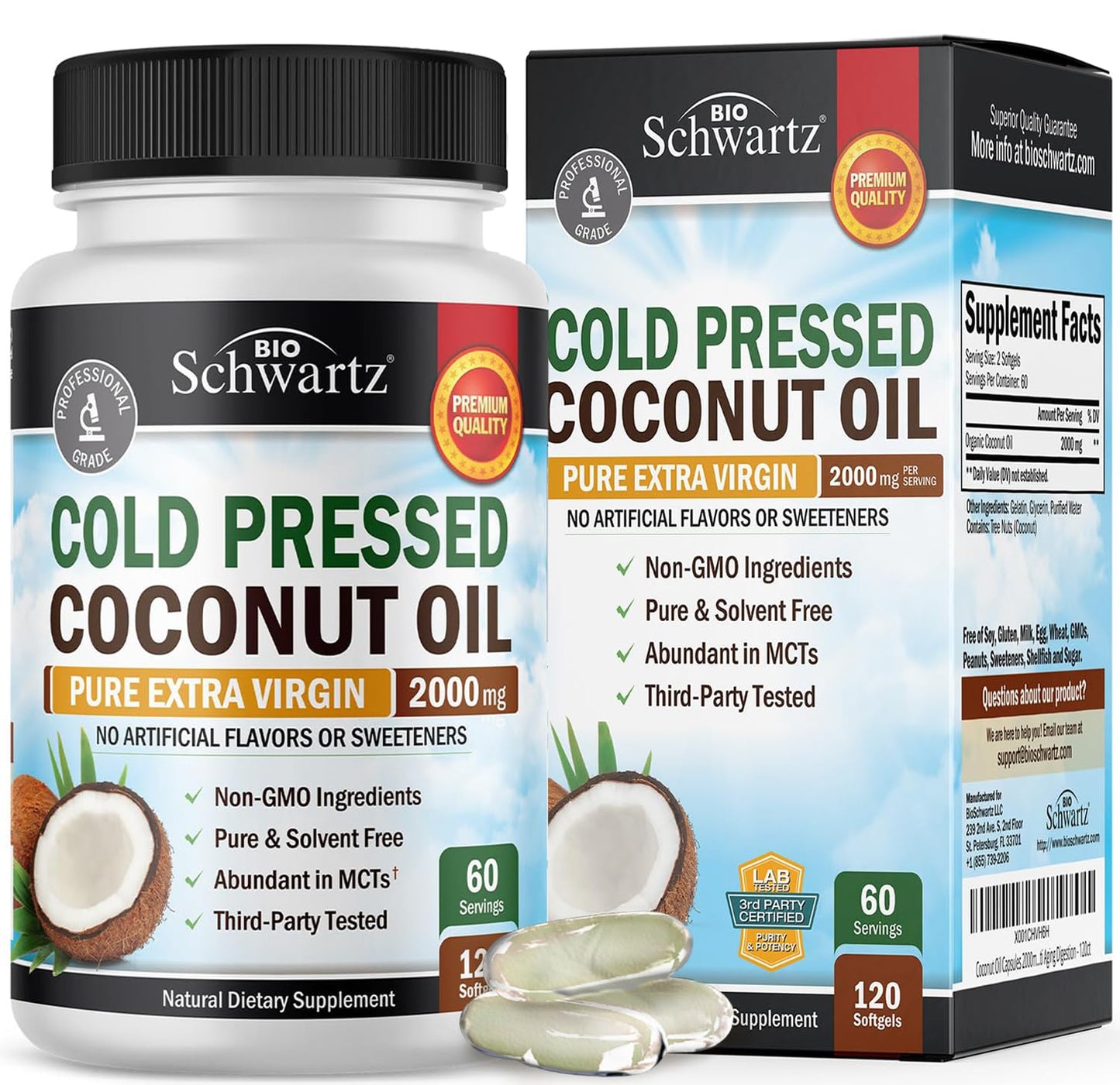 Coconut Oil Capsules 2000mg - Organic Pure Extra Virgin Unrefined Cold Pressed MCT BioSchwartzUS supplements