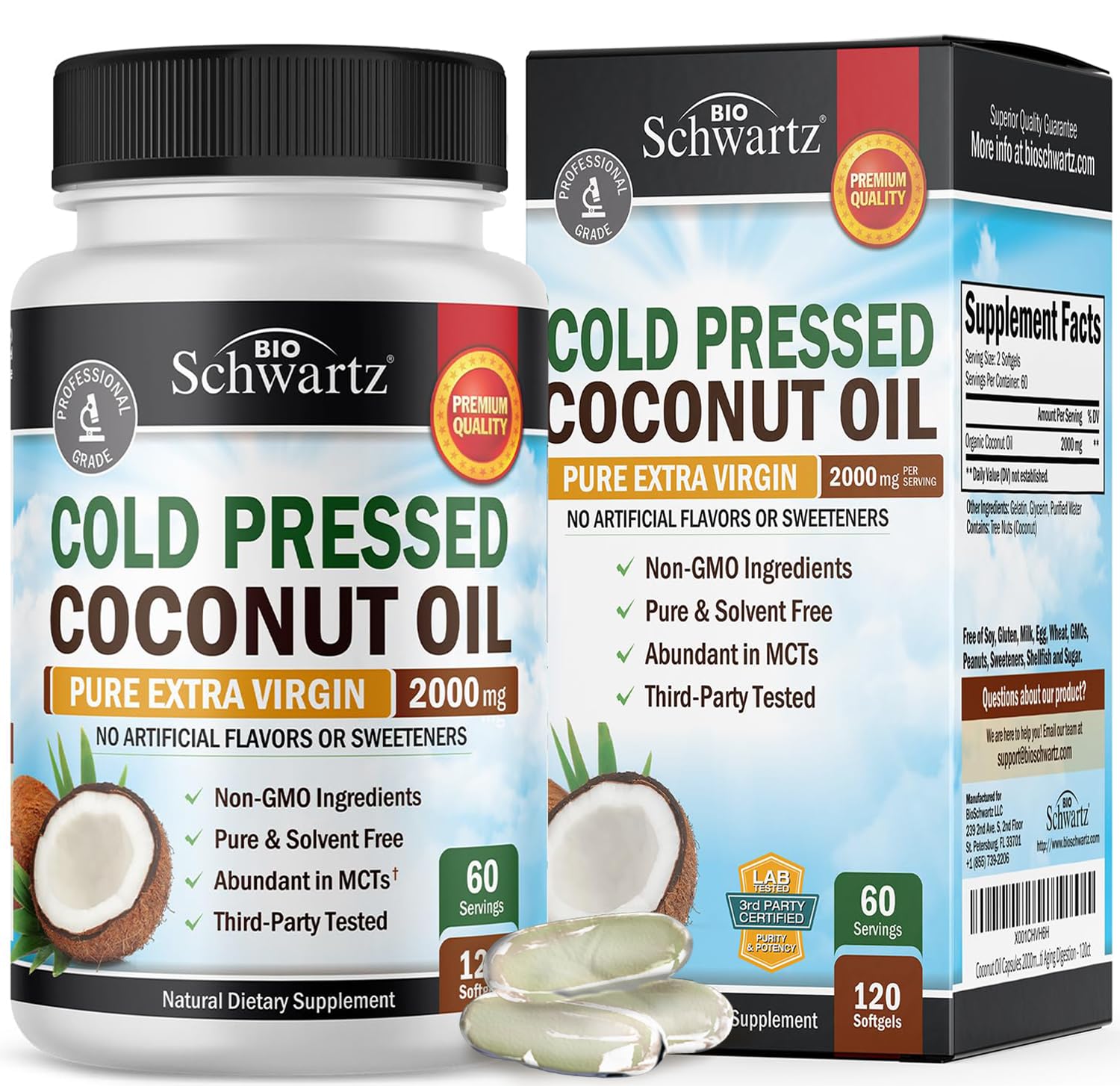 Coconut Oil Capsules 2000mg - Organic Pure Extra Virgin Unrefined Cold Pressed MCT BioSchwartzAu supplements